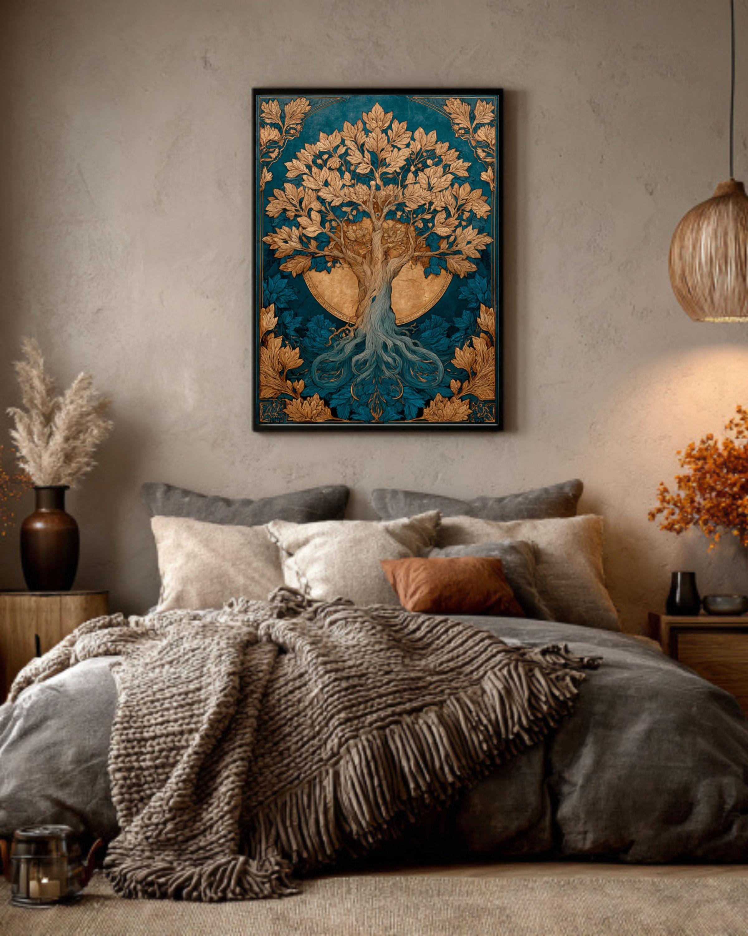Sun & Moon Tree Art | Celestial Watercolor Canvas, Gold Accent