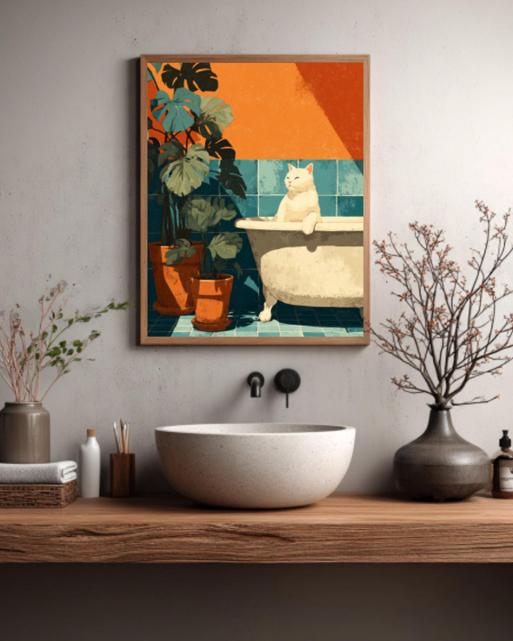 Matisse Style Cat in Bathtub Canvas Wall Art – Whimsical Bathroom Décor