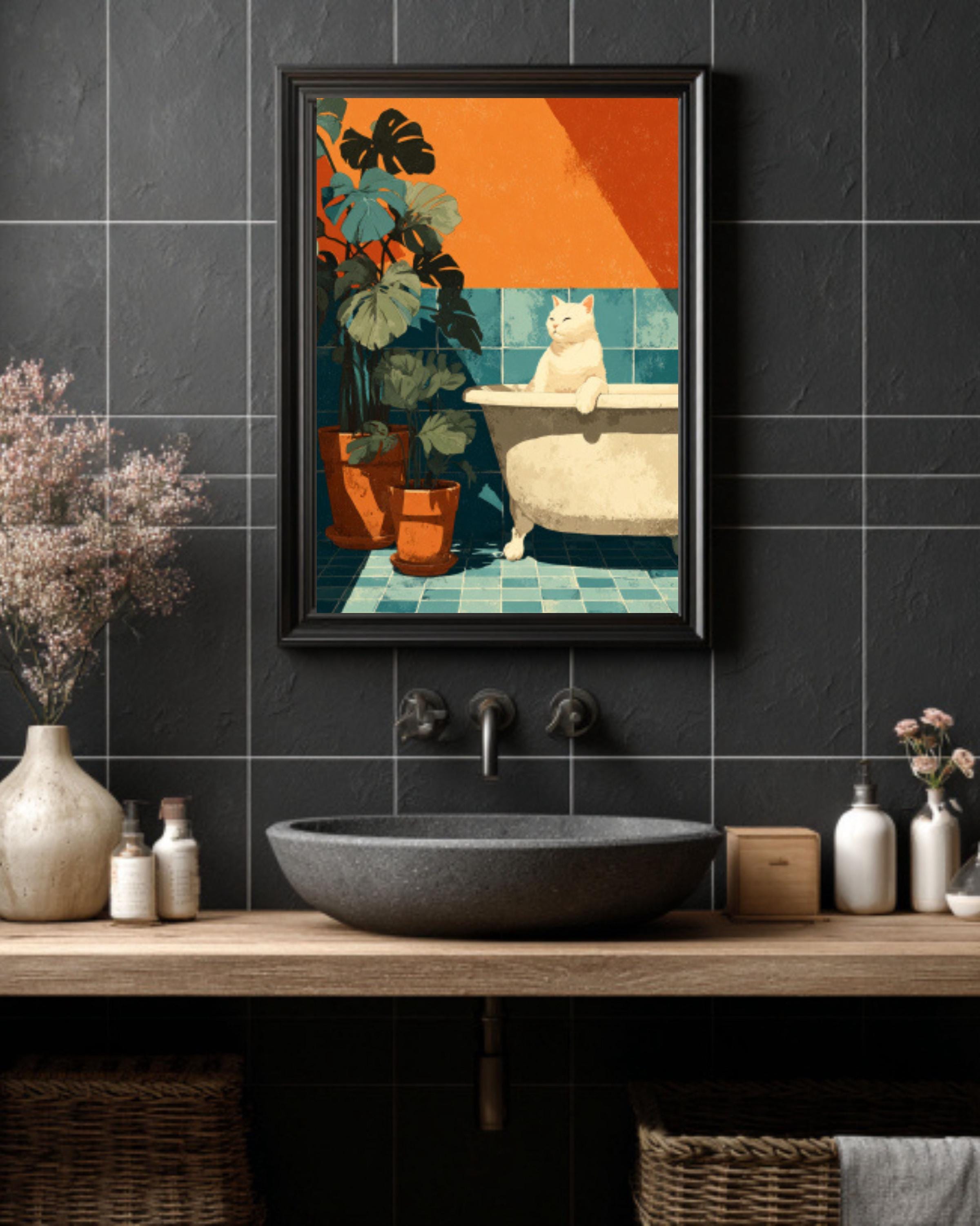 Matisse Style Cat in Bathtub Canvas Wall Art – Whimsical Bathroom Décor