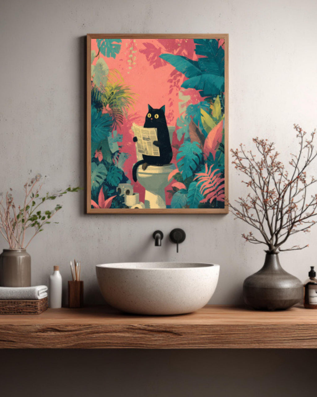 Funny Black Cat Bathroom Canvas Wall Art – Tropical Jungle Décor