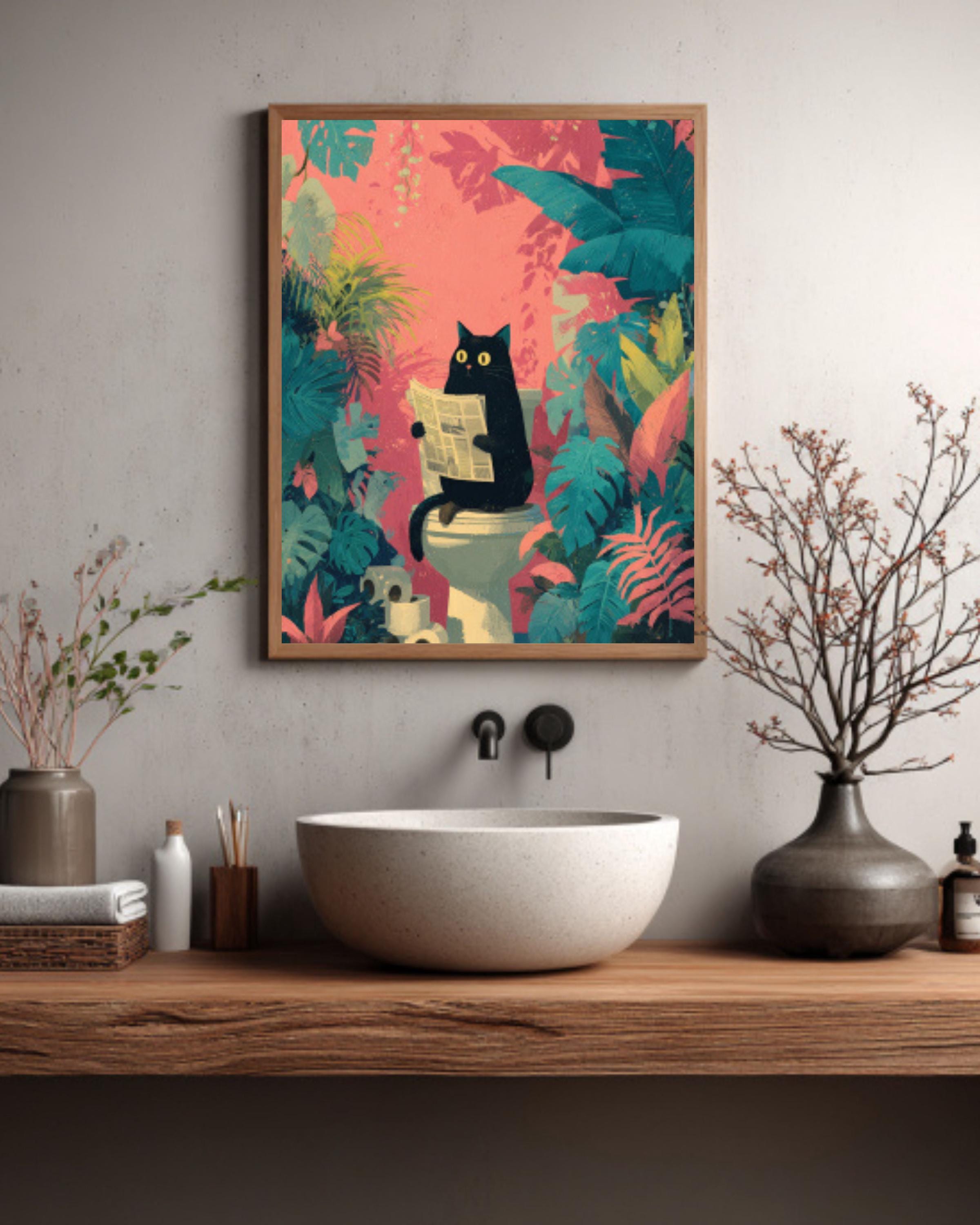 Funny Black Cat Bathroom Canvas Wall Art – Tropical Jungle Décor