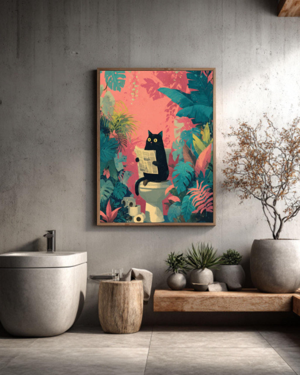 Funny Black Cat Bathroom Canvas Wall Art – Tropical Jungle Décor