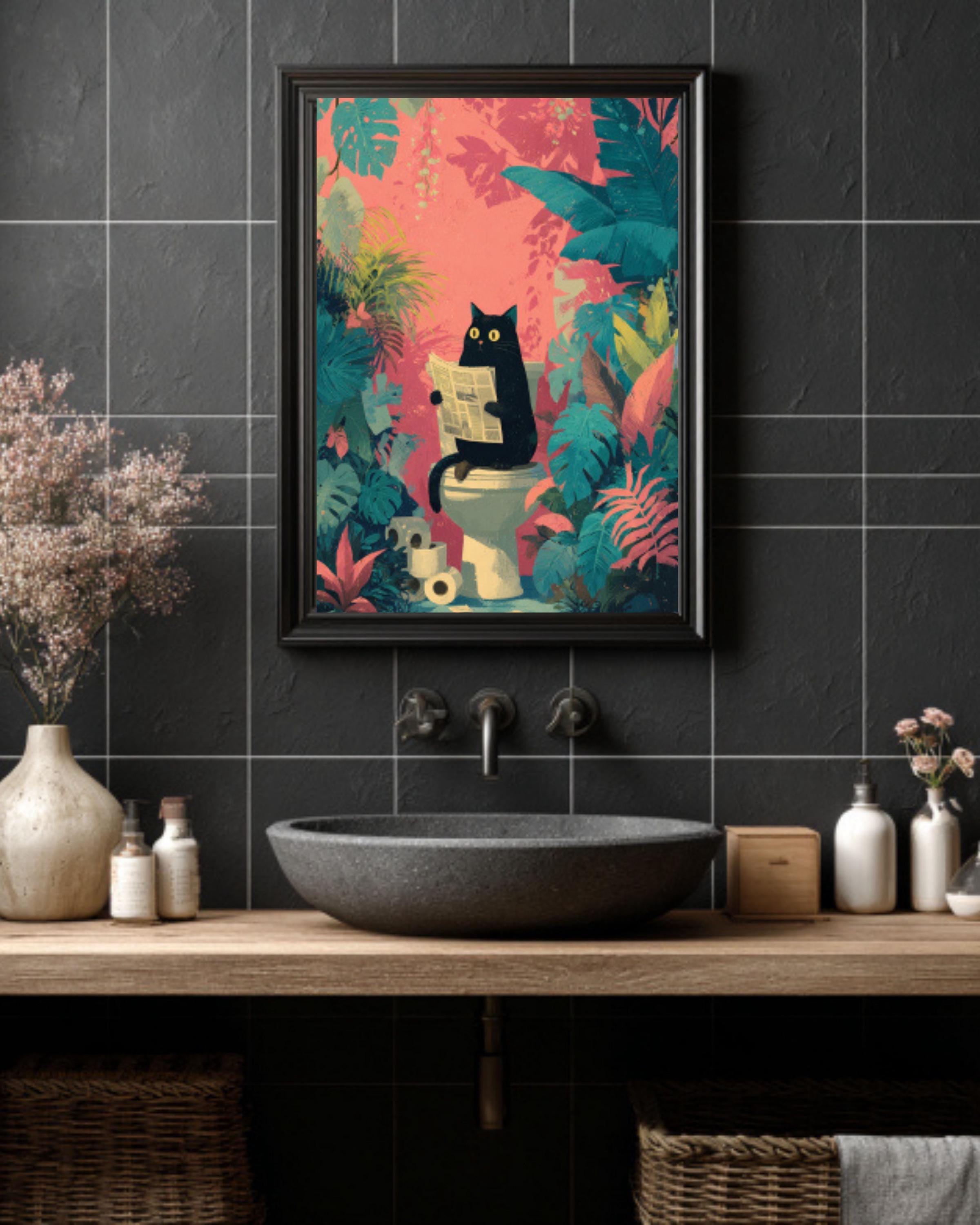 Funny Black Cat Bathroom Canvas Wall Art – Tropical Jungle Décor