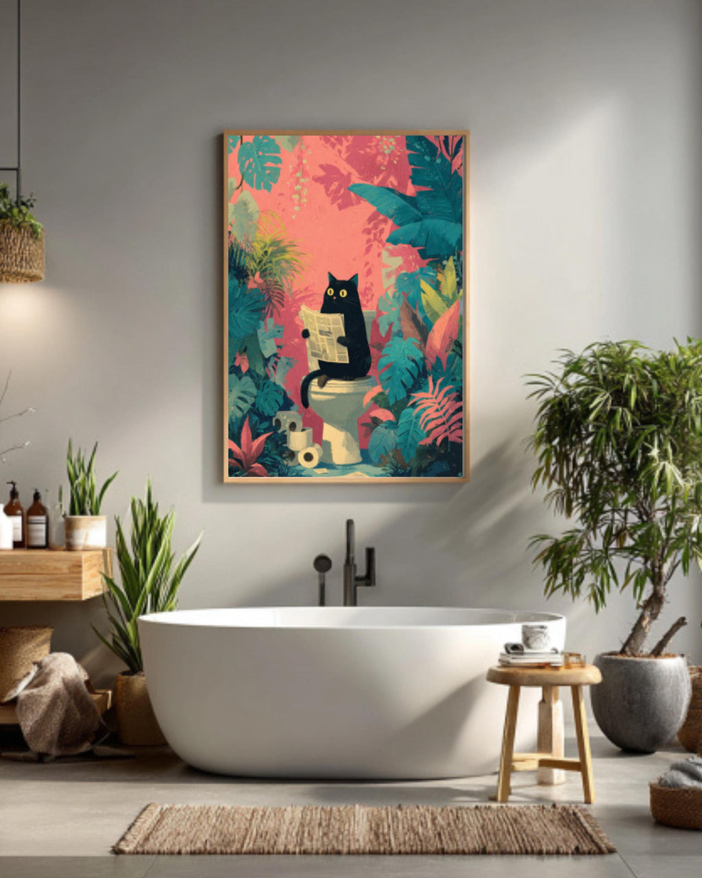 Funny Black Cat Bathroom Canvas Wall Art – Tropical Jungle Décor
