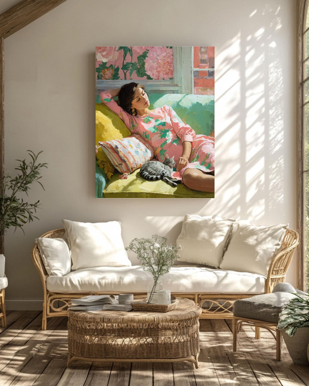 Matisse Inspired Woman and Cat Canvas Print – Pastel Modern Wall Art