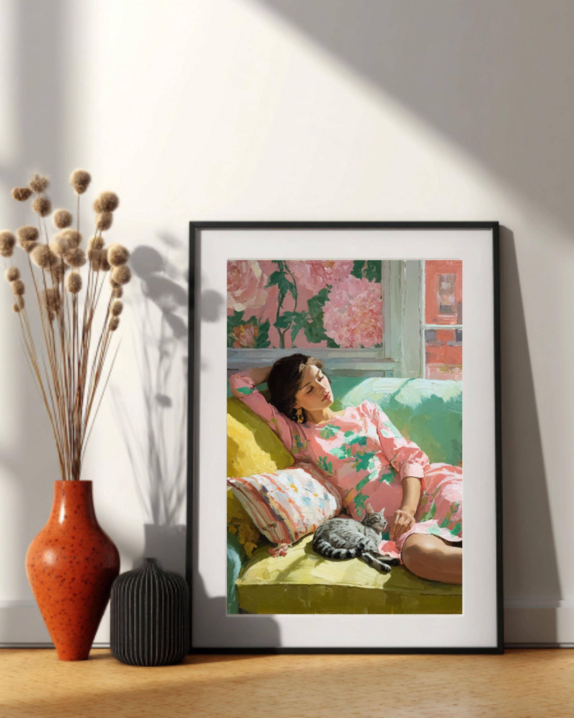 Matisse Inspired Woman and Cat Canvas Print – Pastel Modern Wall Art