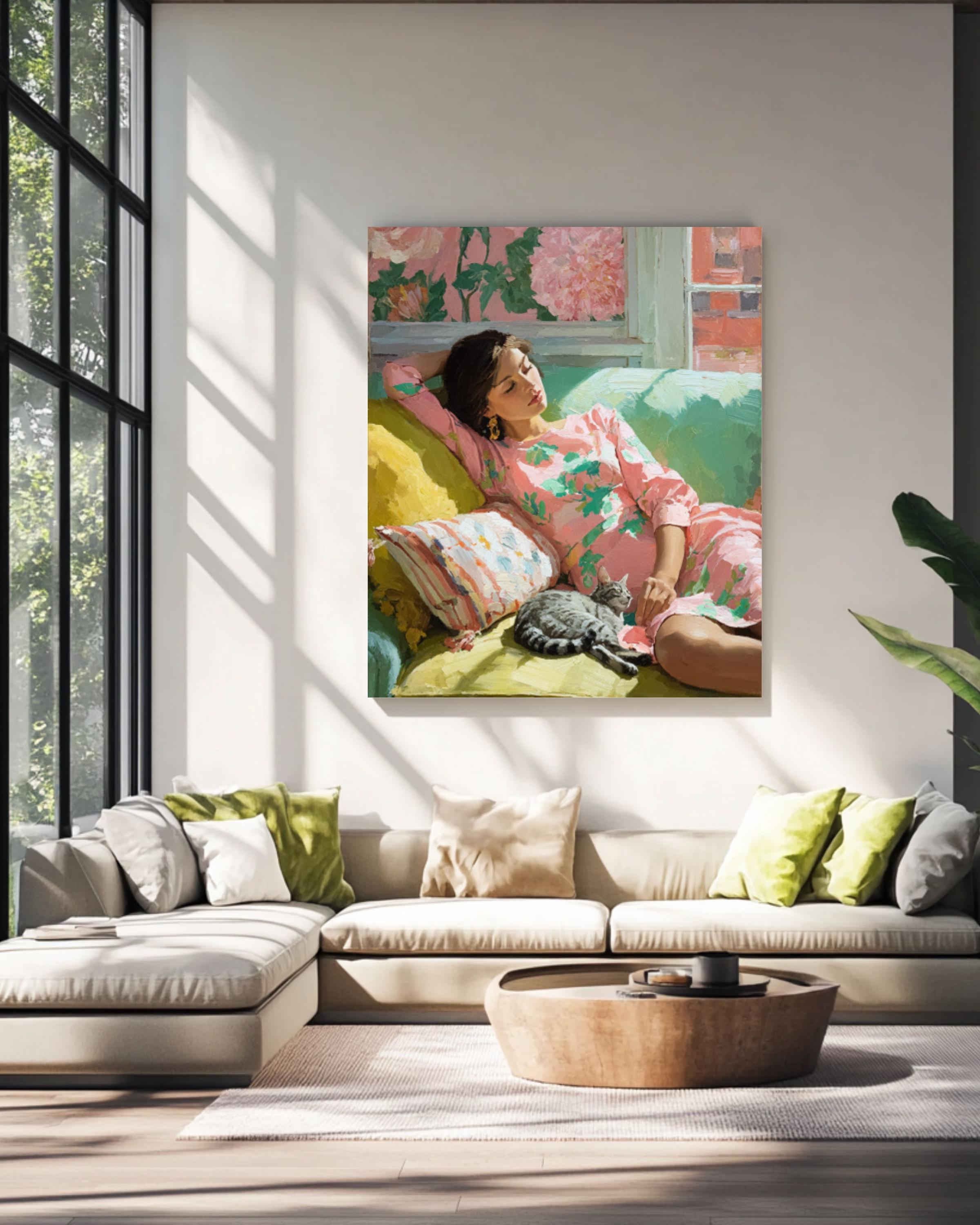 Matisse Inspired Woman and Cat Canvas Print – Pastel Modern Wall Art