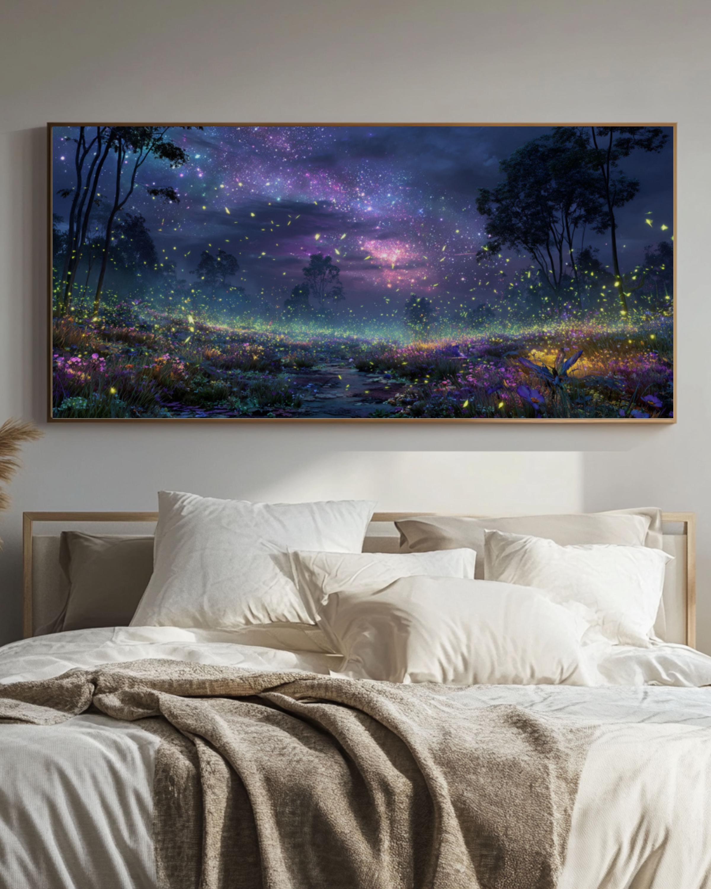 Starry Night Firefly Landscape Canvas Wall Art – Glowing Nature Scene