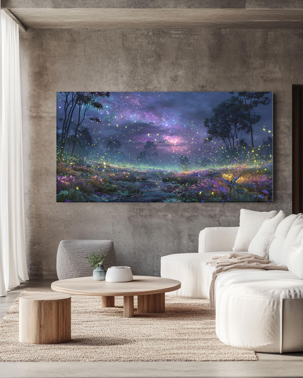 Starry Night Firefly Landscape Canvas Wall Art – Glowing Nature Scene