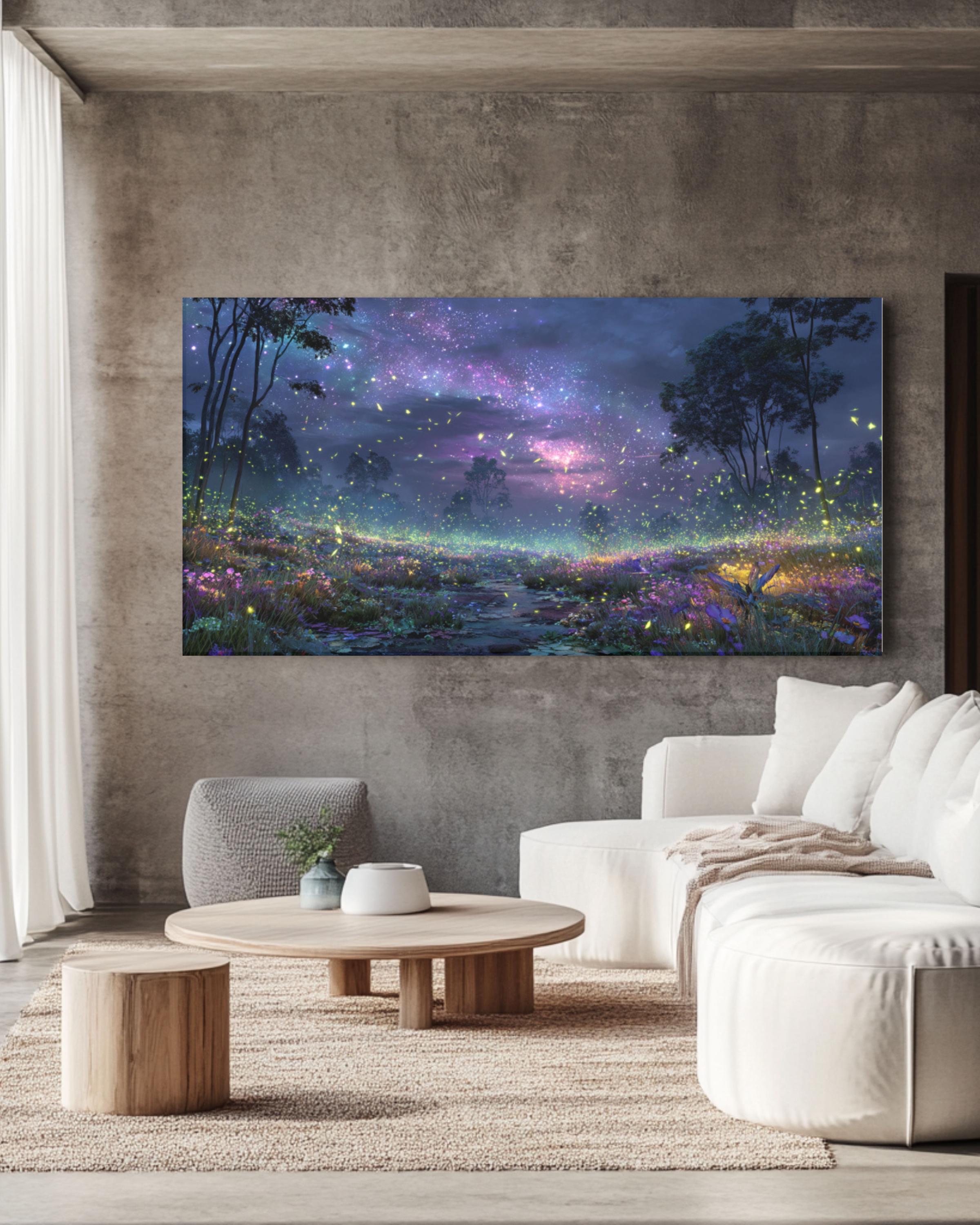 Starry Night Firefly Landscape Canvas Wall Art – Glowing Nature Scene