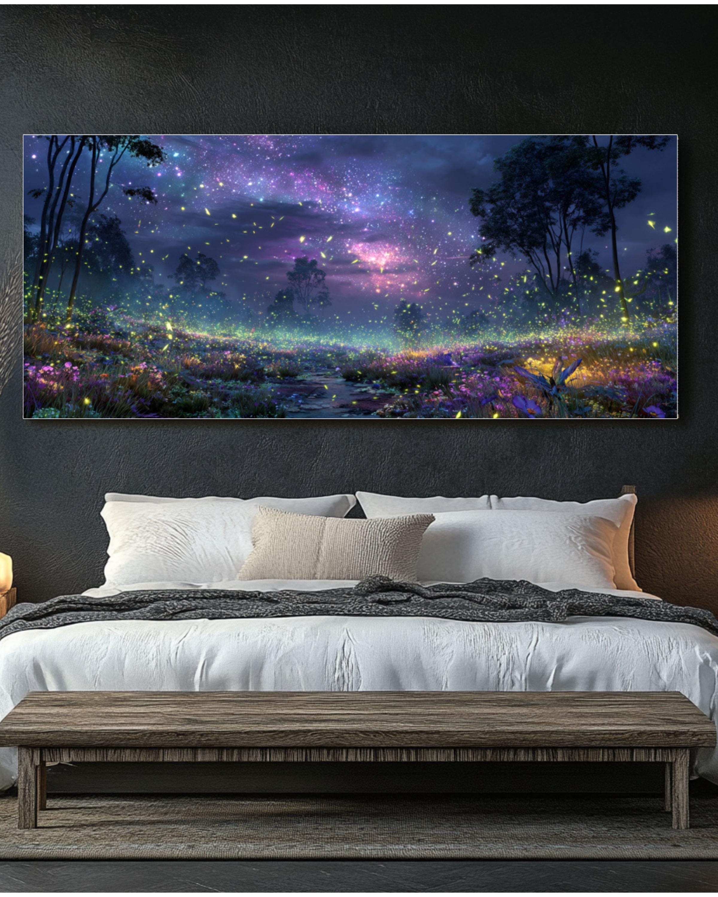 Starry Night Firefly Landscape Canvas Wall Art – Glowing Nature Scene