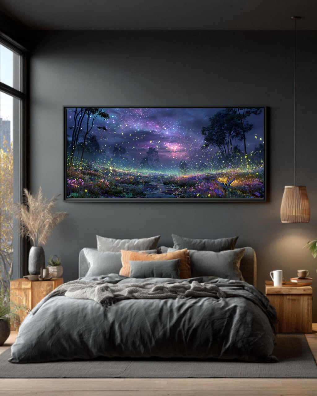 Starry Night Firefly Landscape Canvas Wall Art – Glowing Nature Scene