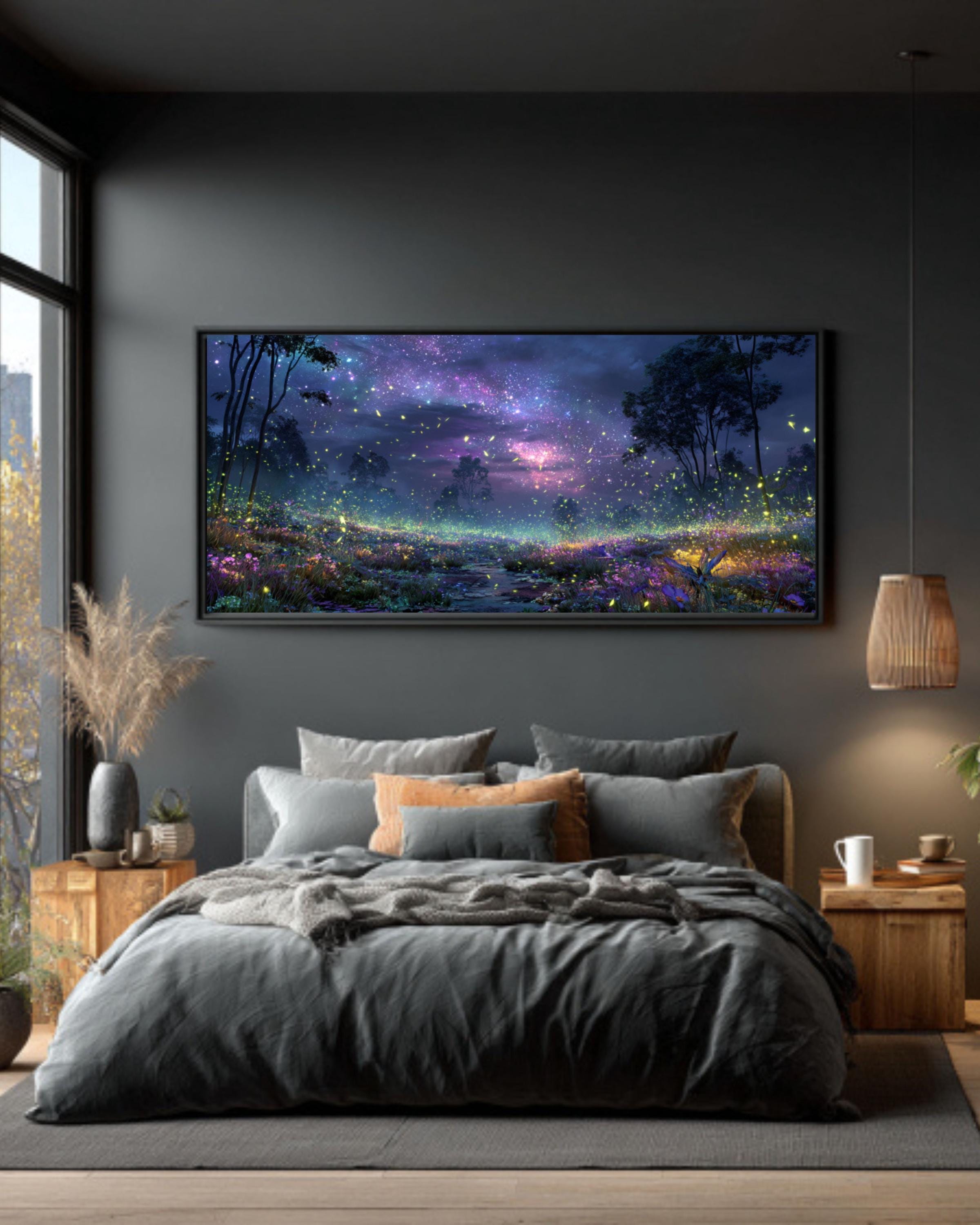 Starry Night Firefly Landscape Canvas Wall Art – Glowing Nature Scene