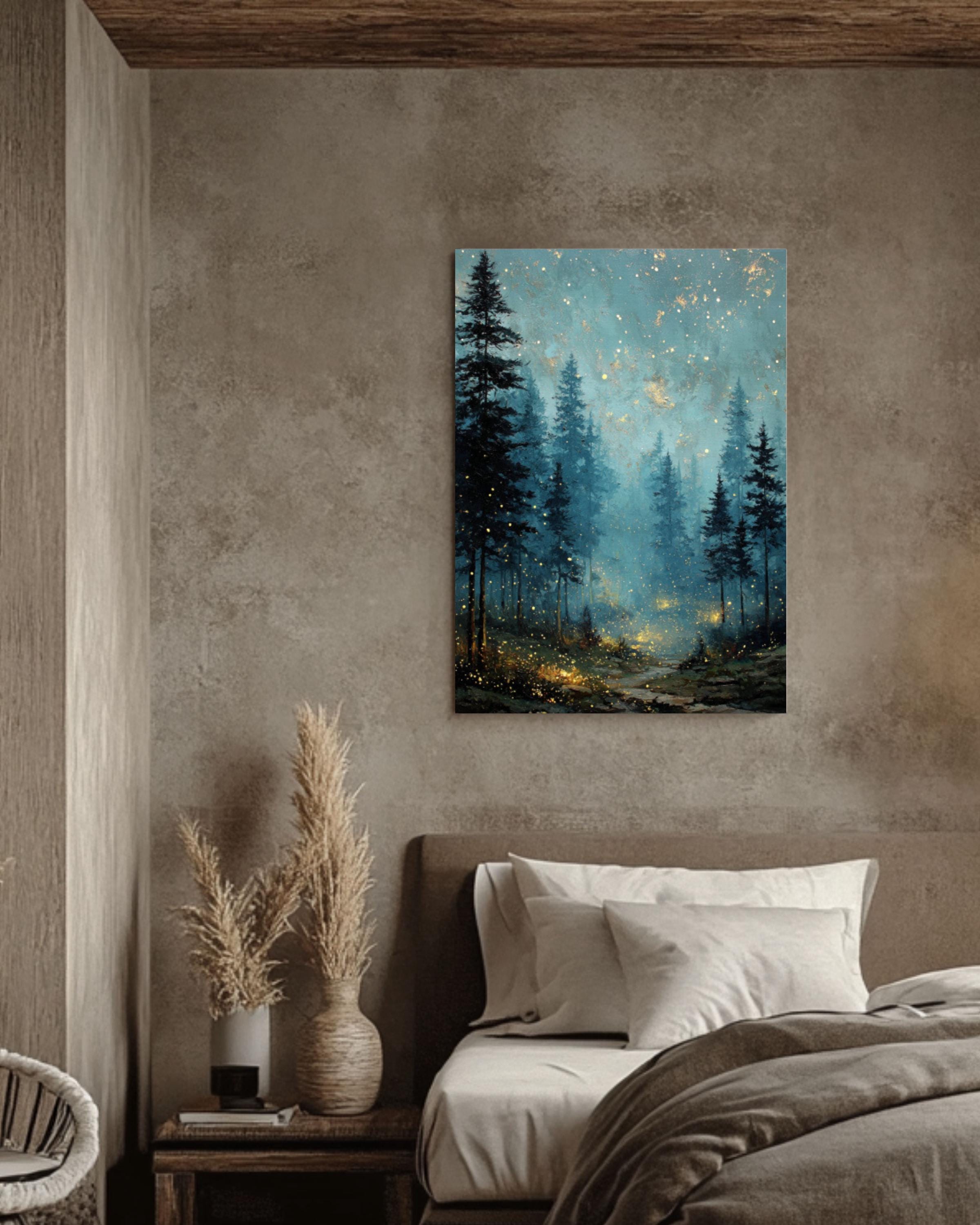 Vintage Night Sky Fireflies Canvas Wall Art – Pine Forest Landscape