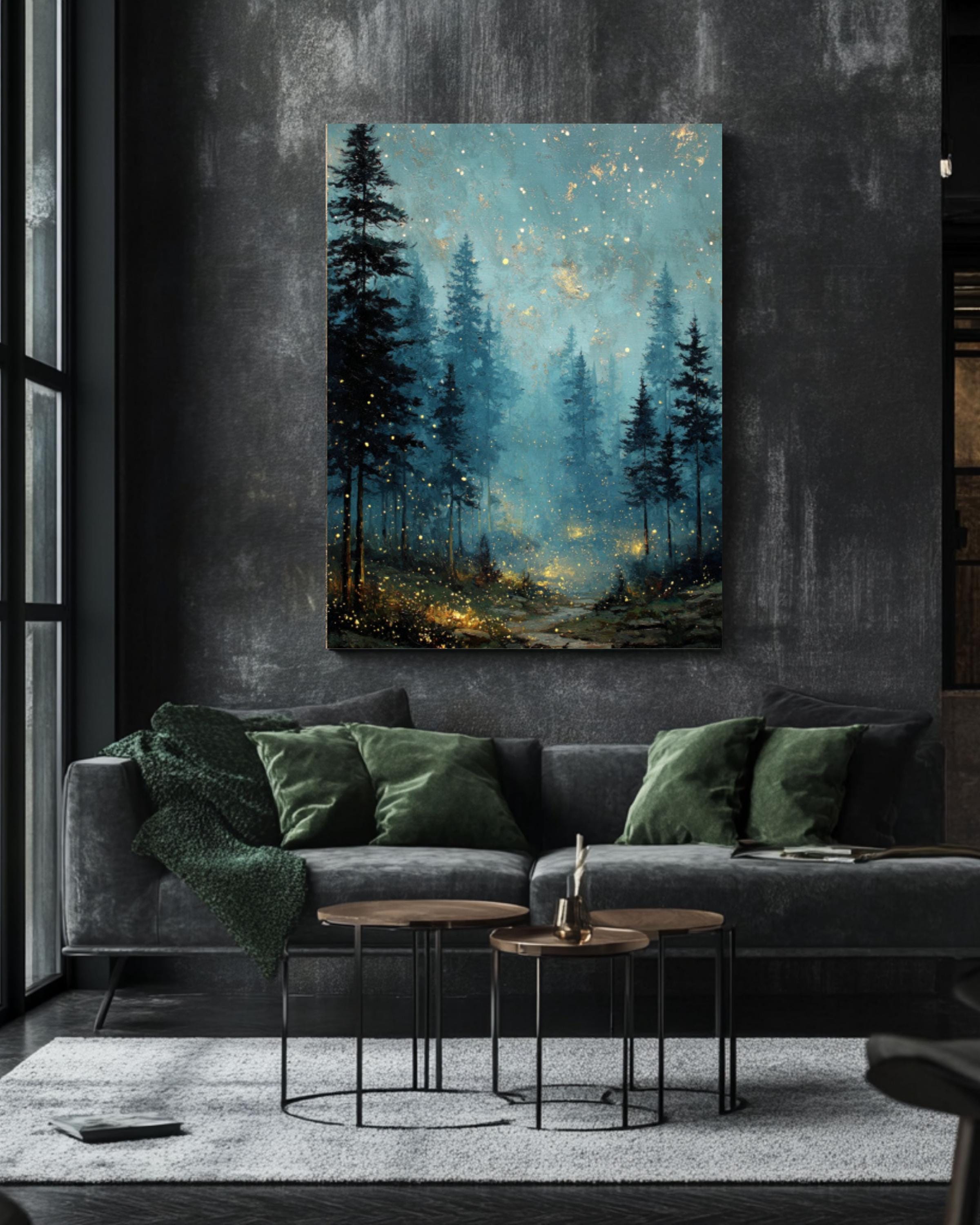 Vintage Night Sky Fireflies Canvas Wall Art – Pine Forest Landscape