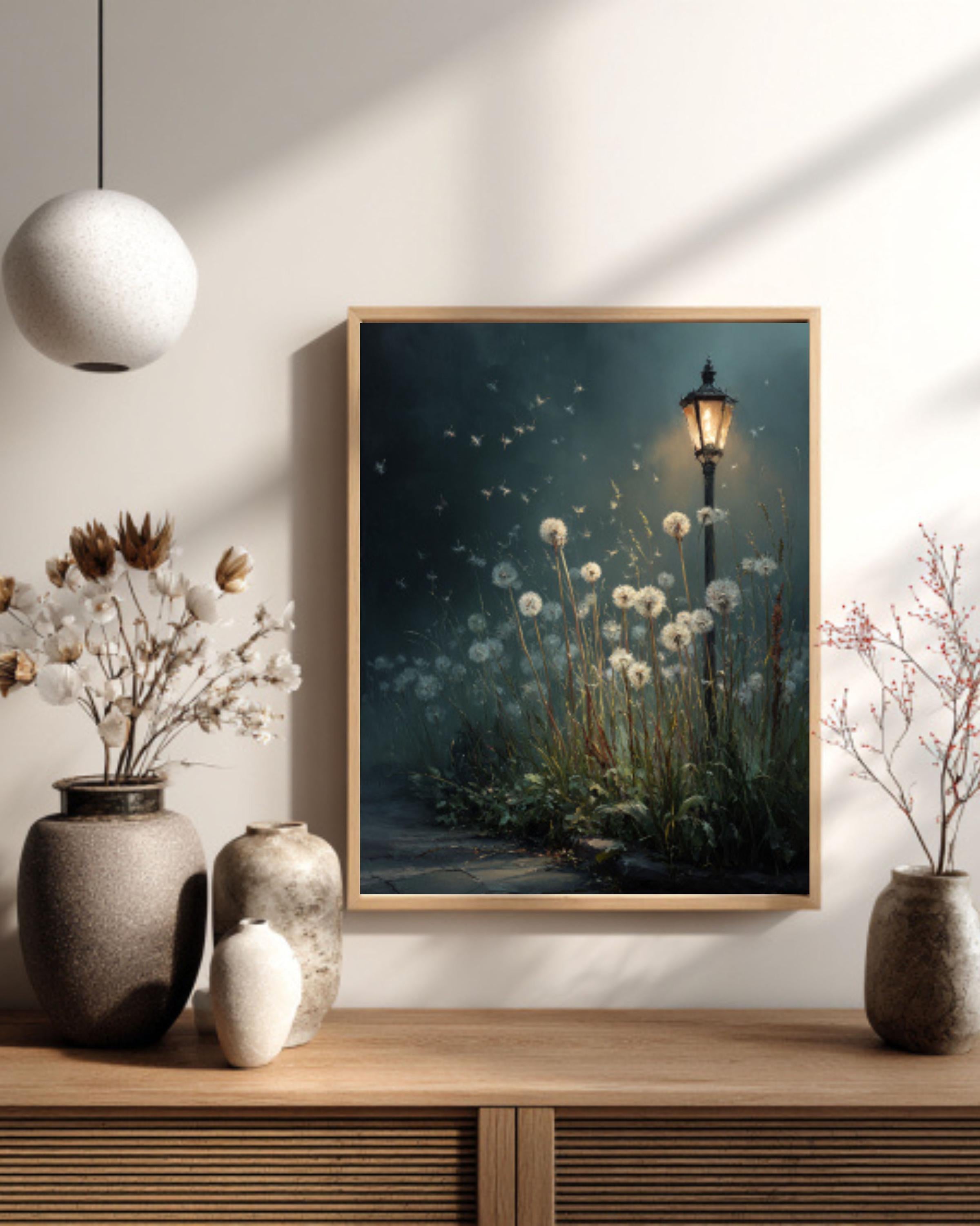 Mystical Dandelion Night Garden Canvas Wall Art – Dreamy Floral Poster