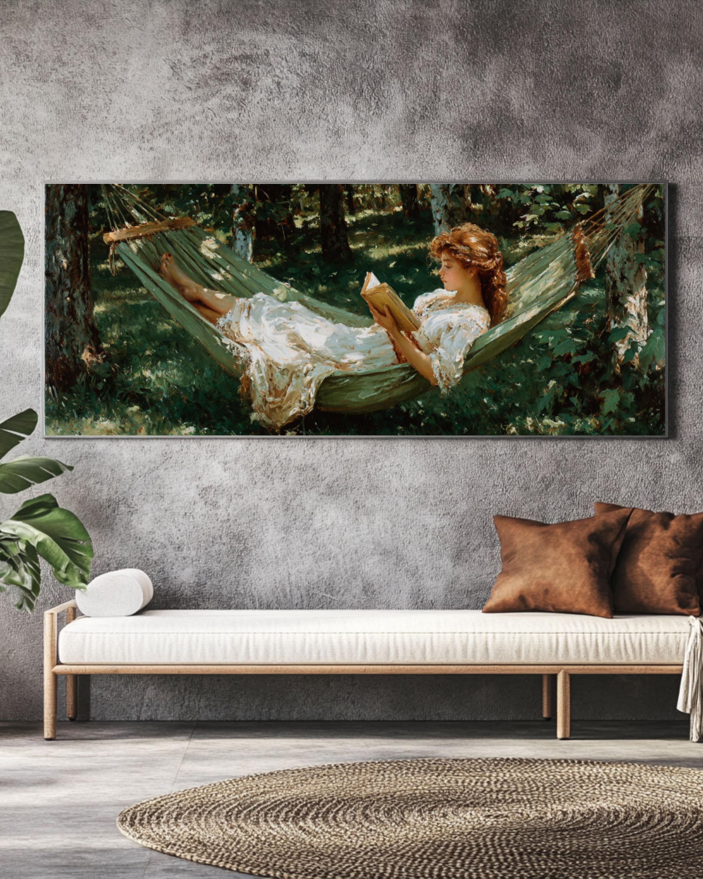 Woman Reading in Forest Hammock Canvas Wall Art – Peaceful Nature Scene