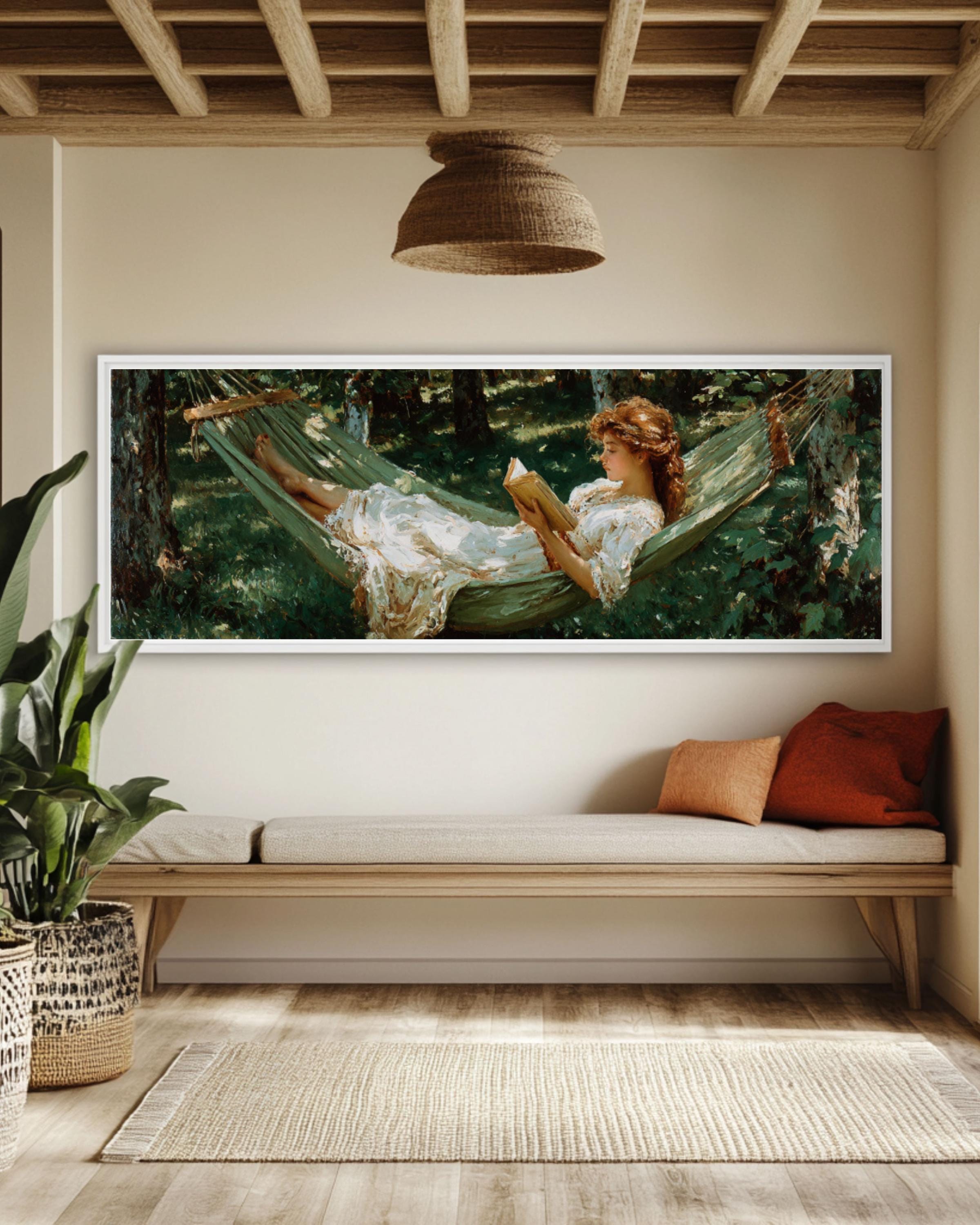 Woman Reading in Forest Hammock Canvas Wall Art – Peaceful Nature Scene