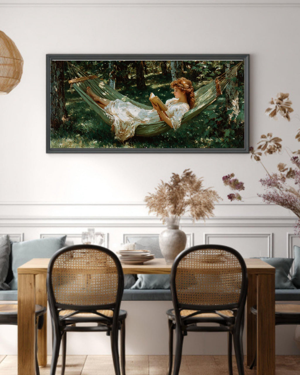Woman Reading in Forest Hammock Canvas Wall Art – Peaceful Nature Scene