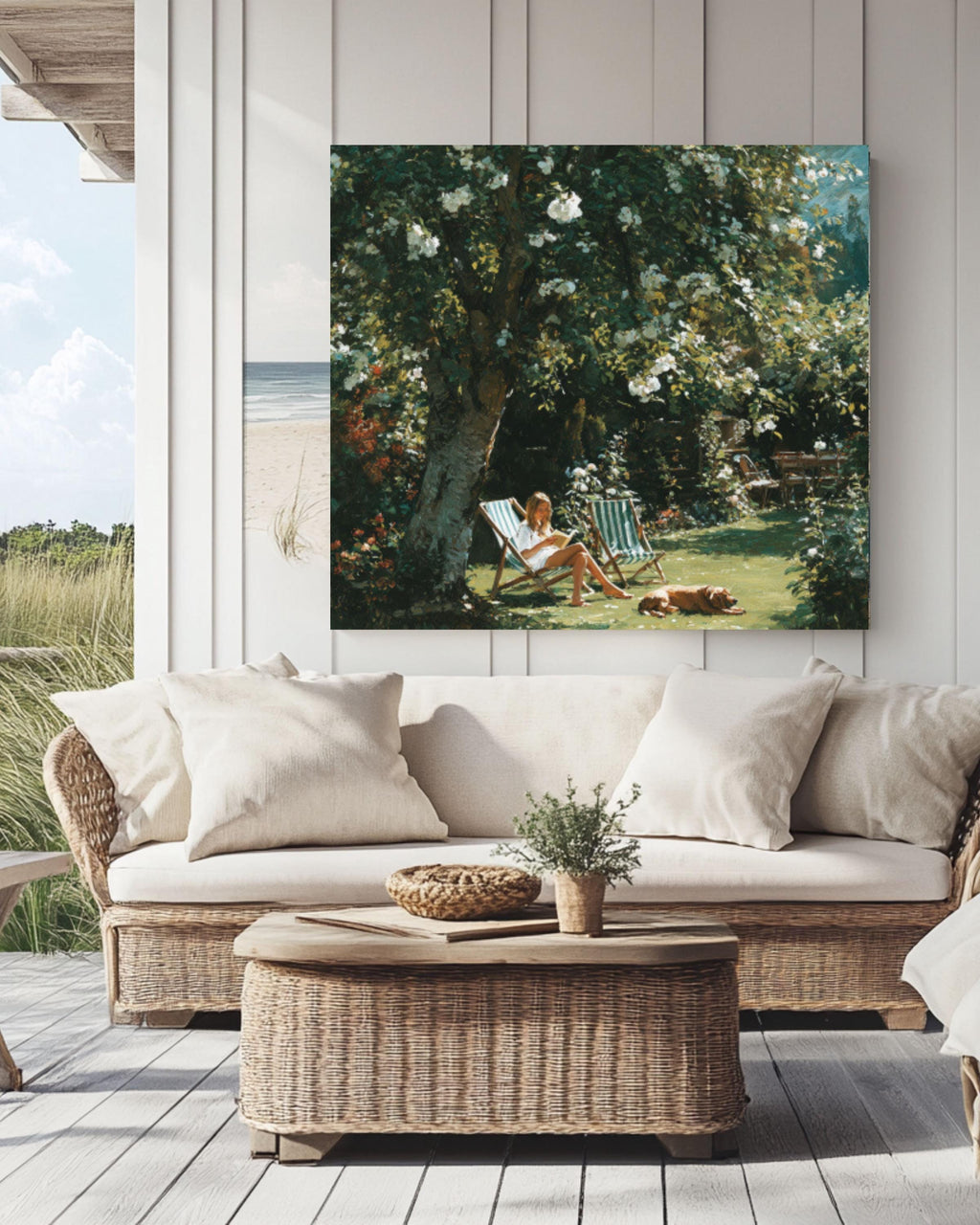 Woman Reading in Garden Canvas Art – White Roses Summer Painting