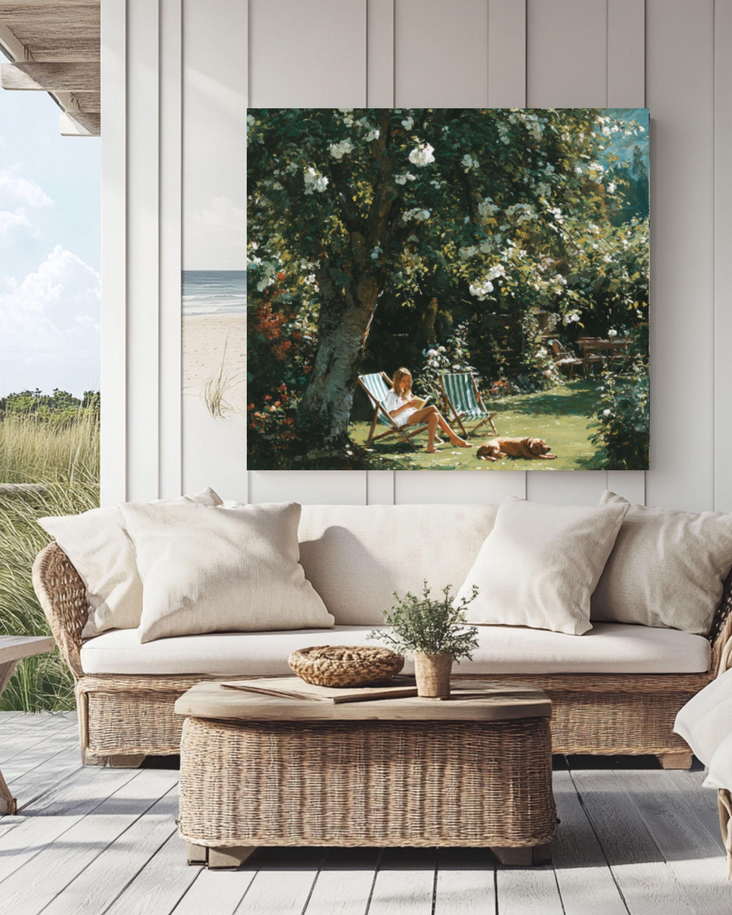 Woman Reading in Garden Canvas Art – White Roses Summer Painting