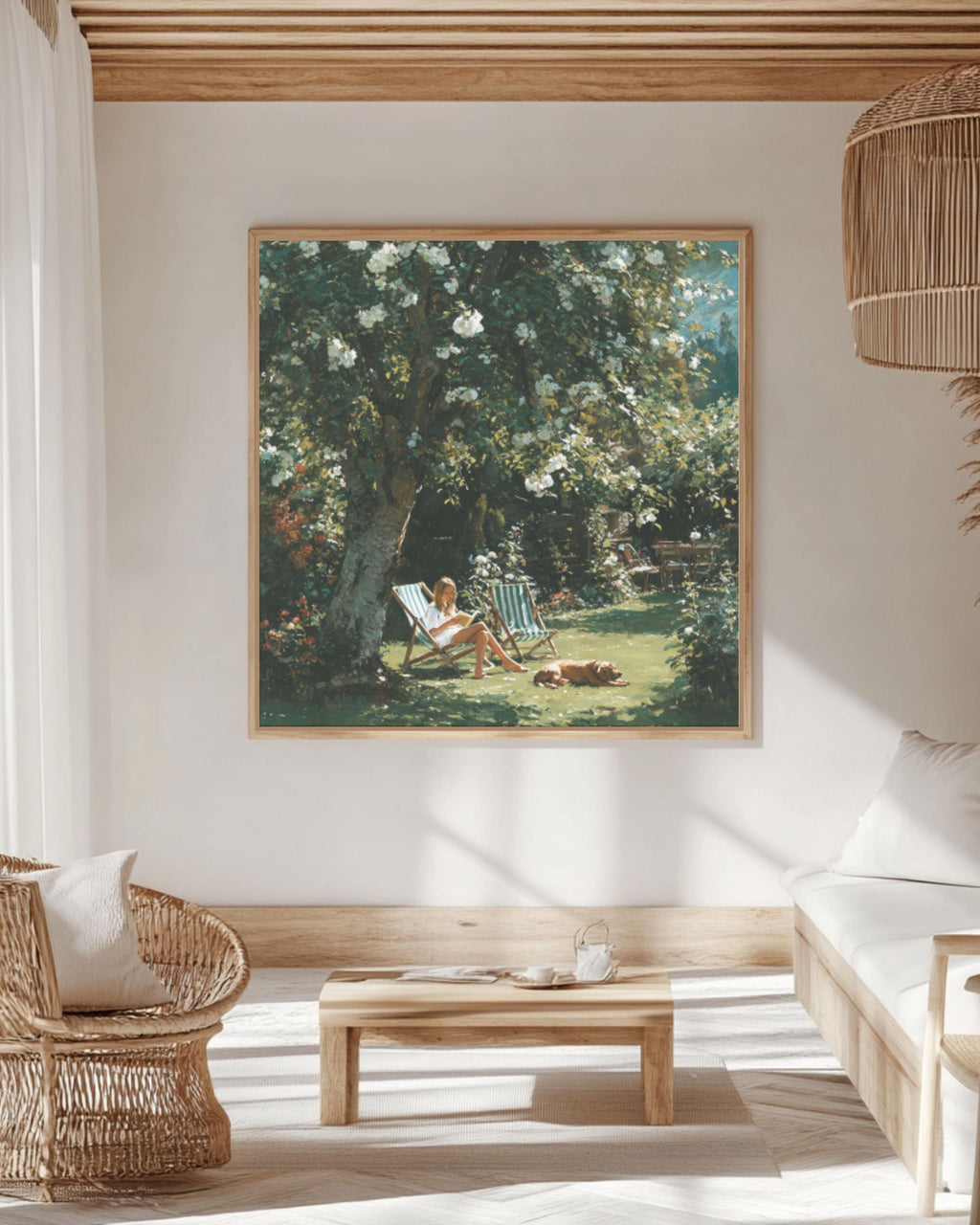 Woman Reading in Garden Canvas Art – White Roses Summer Painting