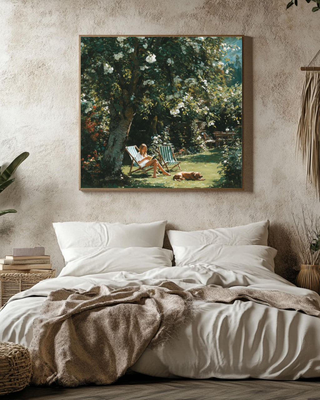 Woman Reading in Garden Canvas Art – White Roses Summer Painting