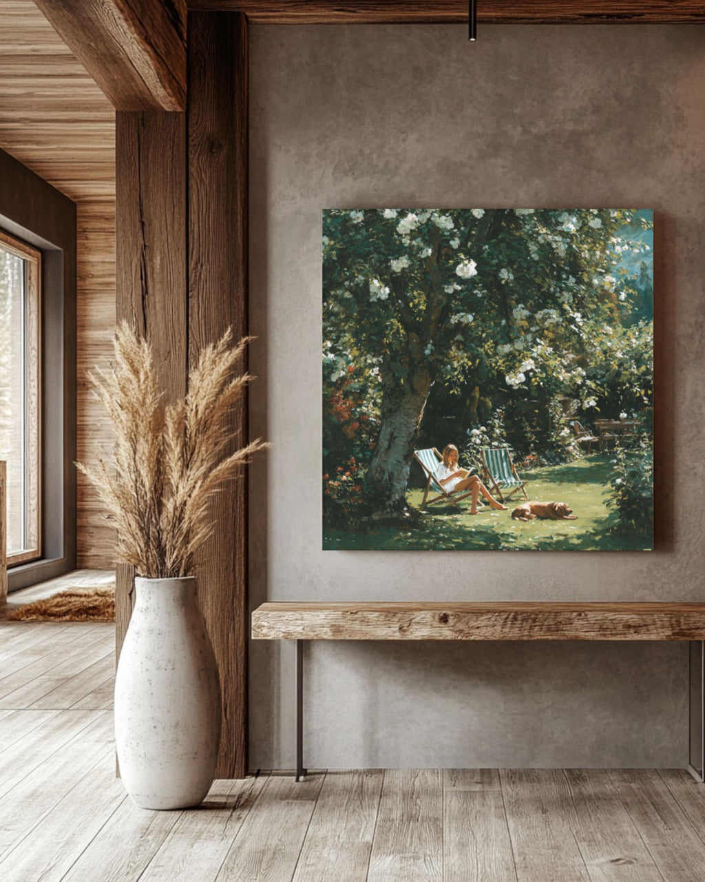 Woman Reading in Garden Canvas Art – White Roses Summer Painting