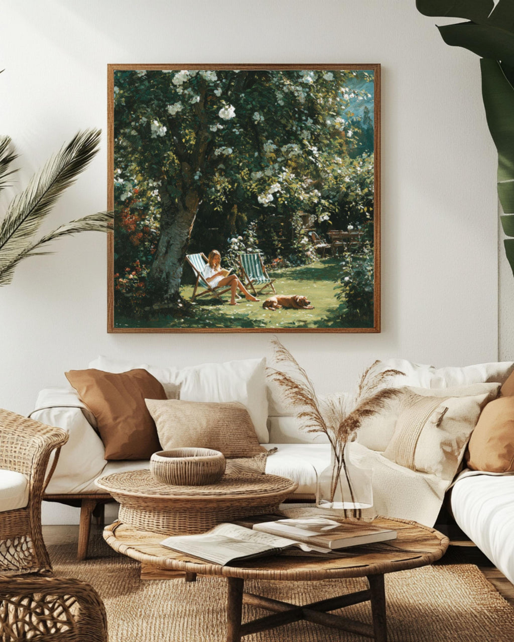 Woman Reading in Garden Canvas Art – White Roses Summer Painting