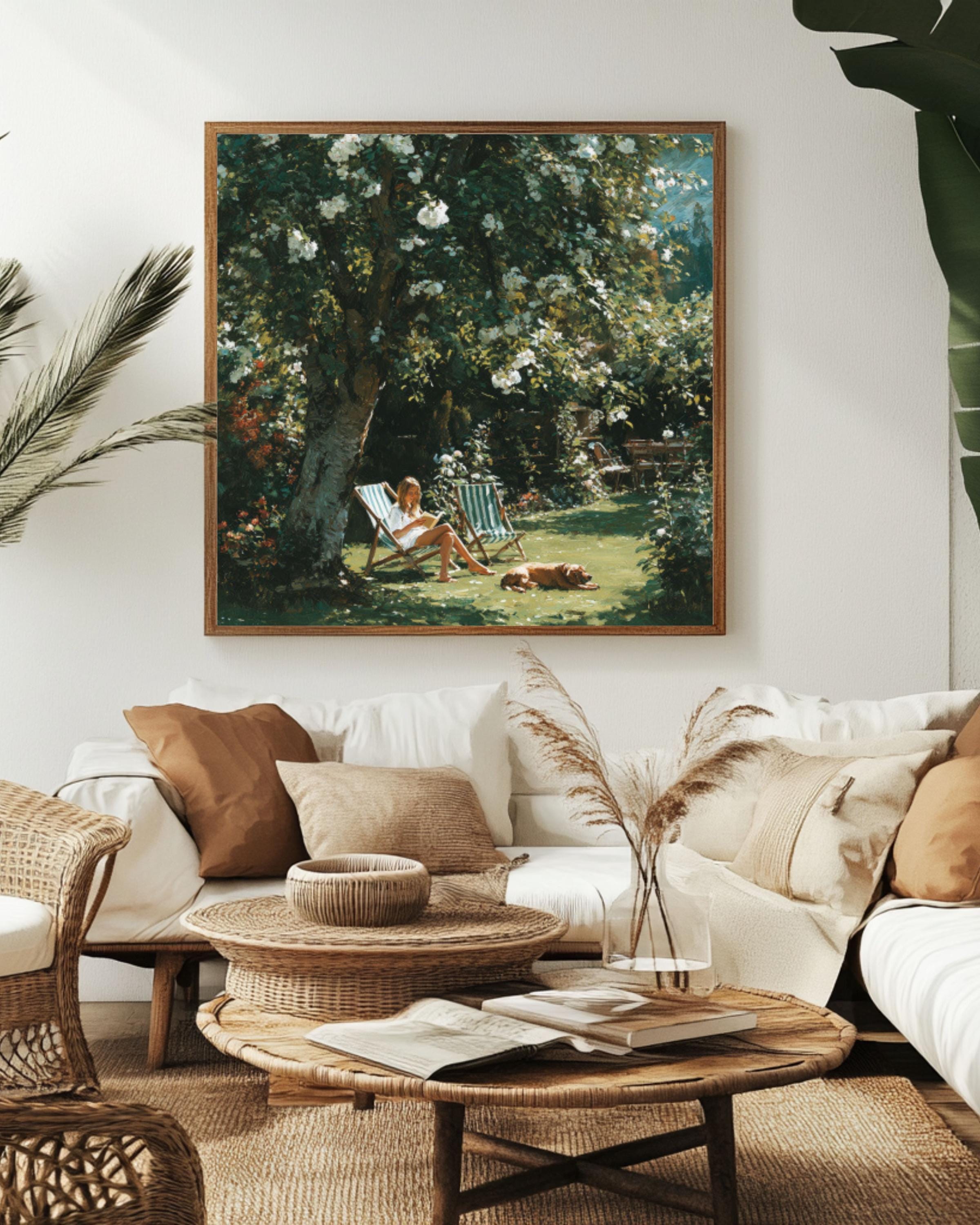 Woman Reading in Garden Canvas Art – White Roses Summer Painting