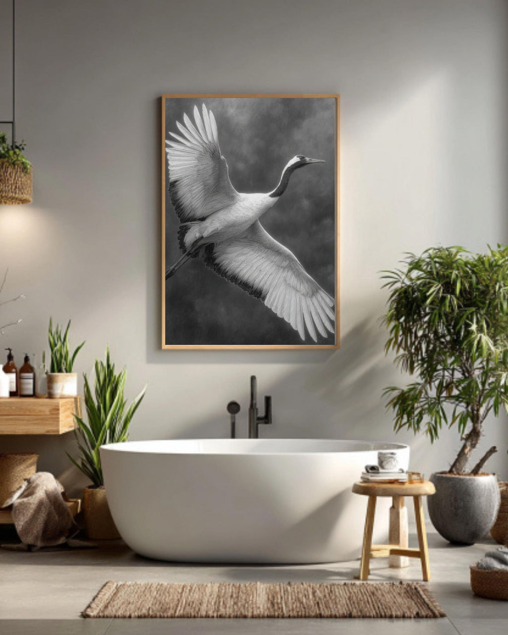 White Crane Pencil Drawing Wall Art – Elegant Bird in Flight Print