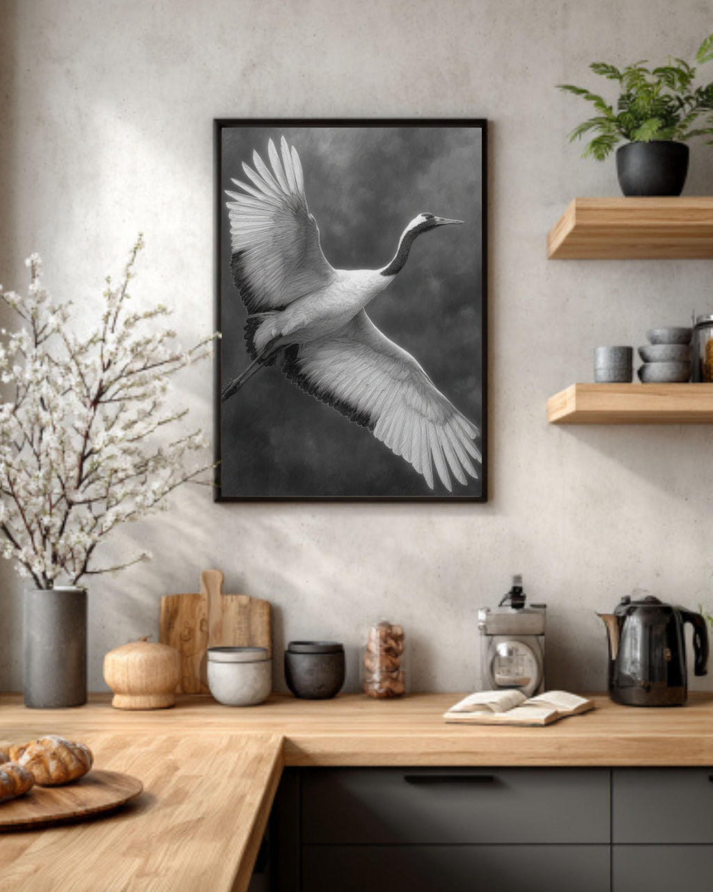 White Crane Pencil Drawing Wall Art – Elegant Bird in Flight Print