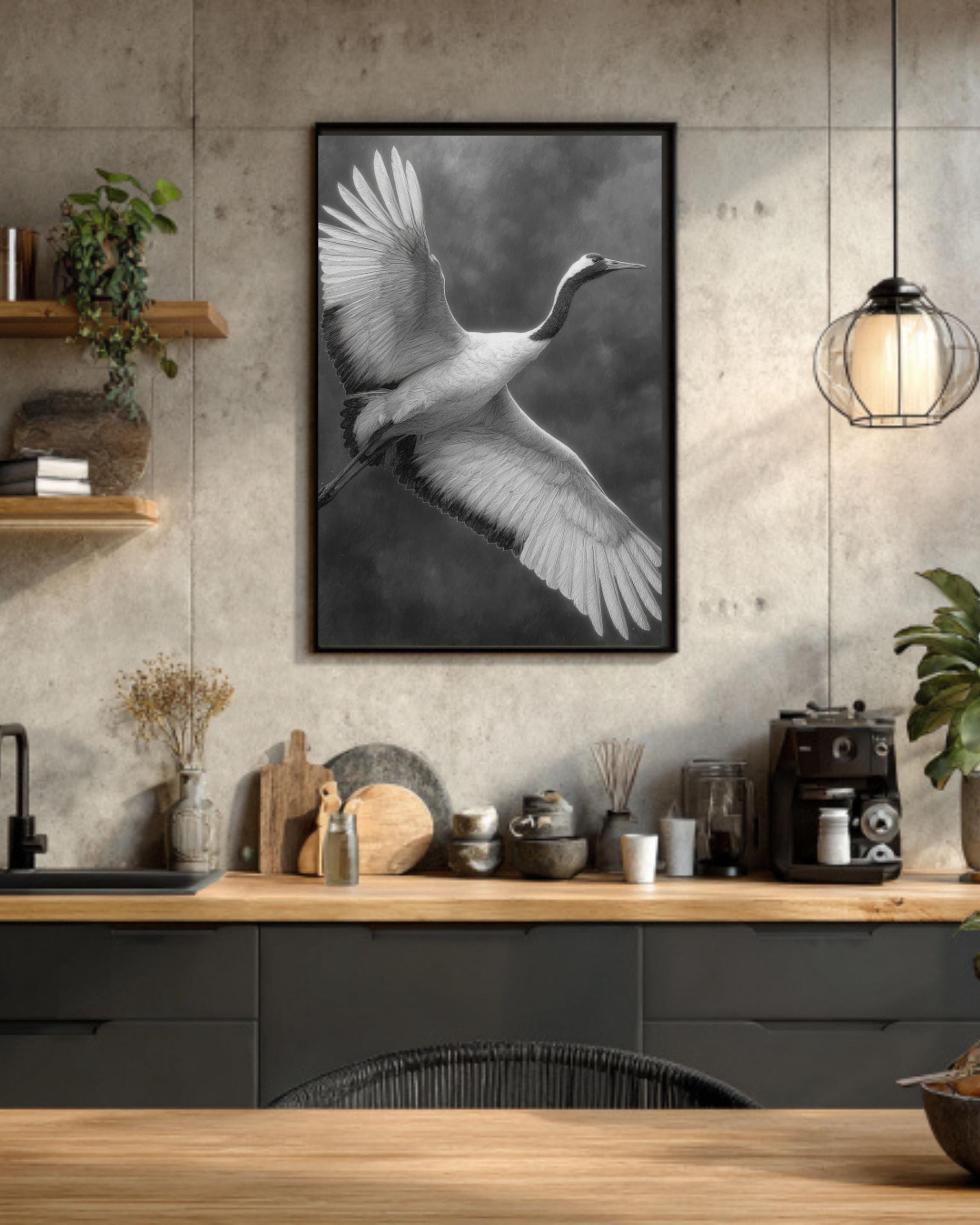 White Crane Pencil Drawing Wall Art – Elegant Bird in Flight Print