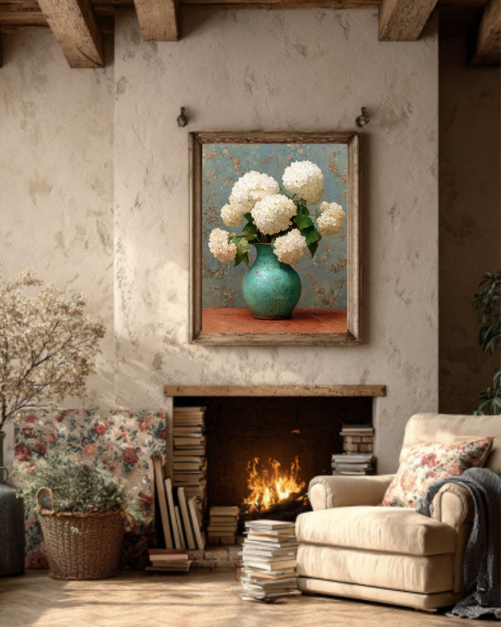 Vintage Hydrangea Floral Painting – White Flowers Vase Canvas Wall Art