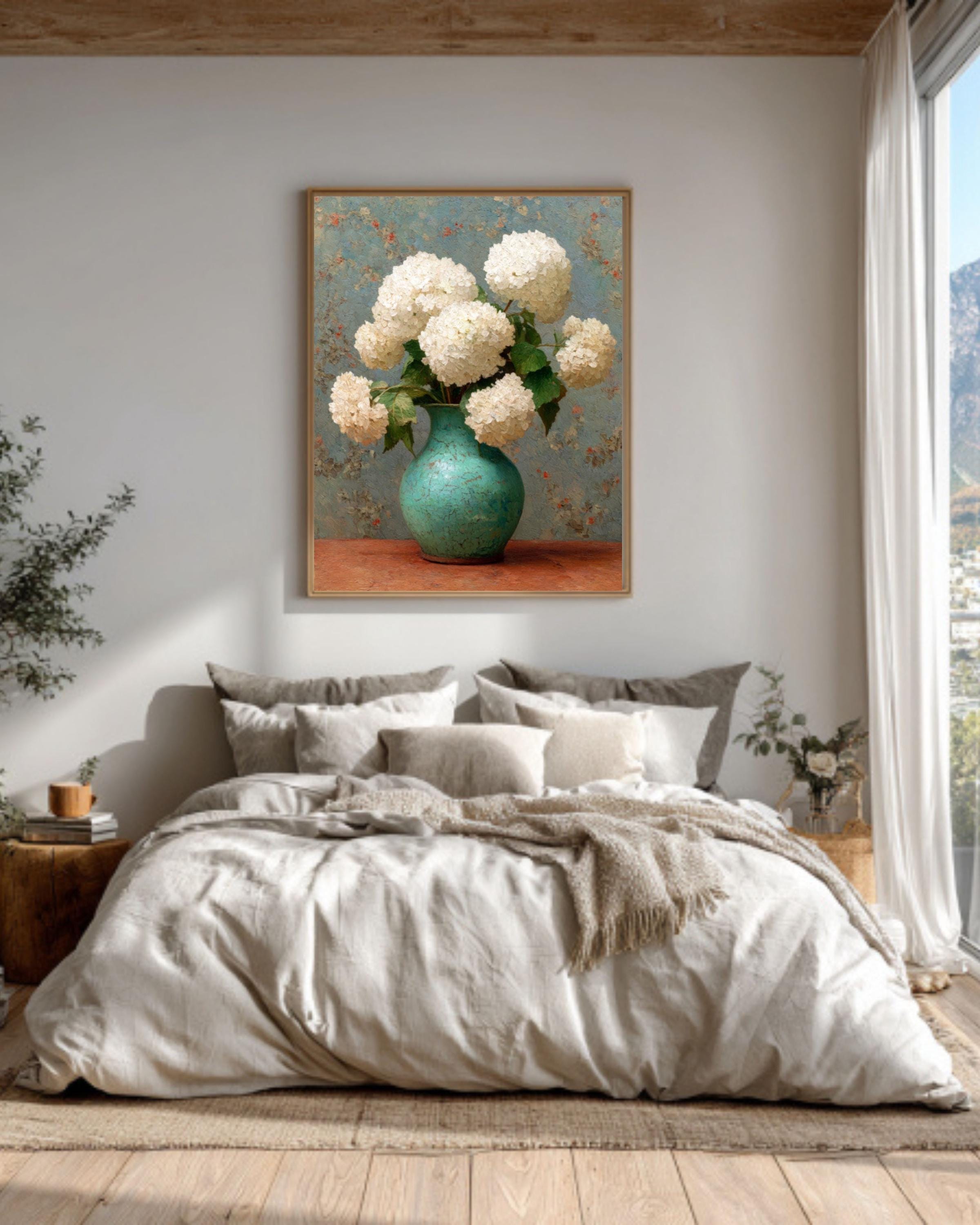 Vintage Hydrangea Floral Painting – White Flowers Vase Canvas Wall Art