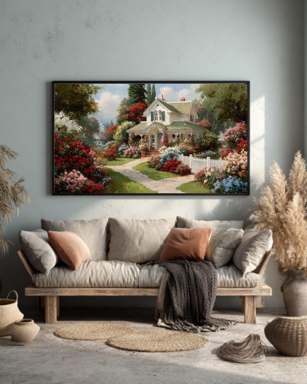 White Cottage Floral Landscape Canvas Art – Kinkade Style Wall Décor