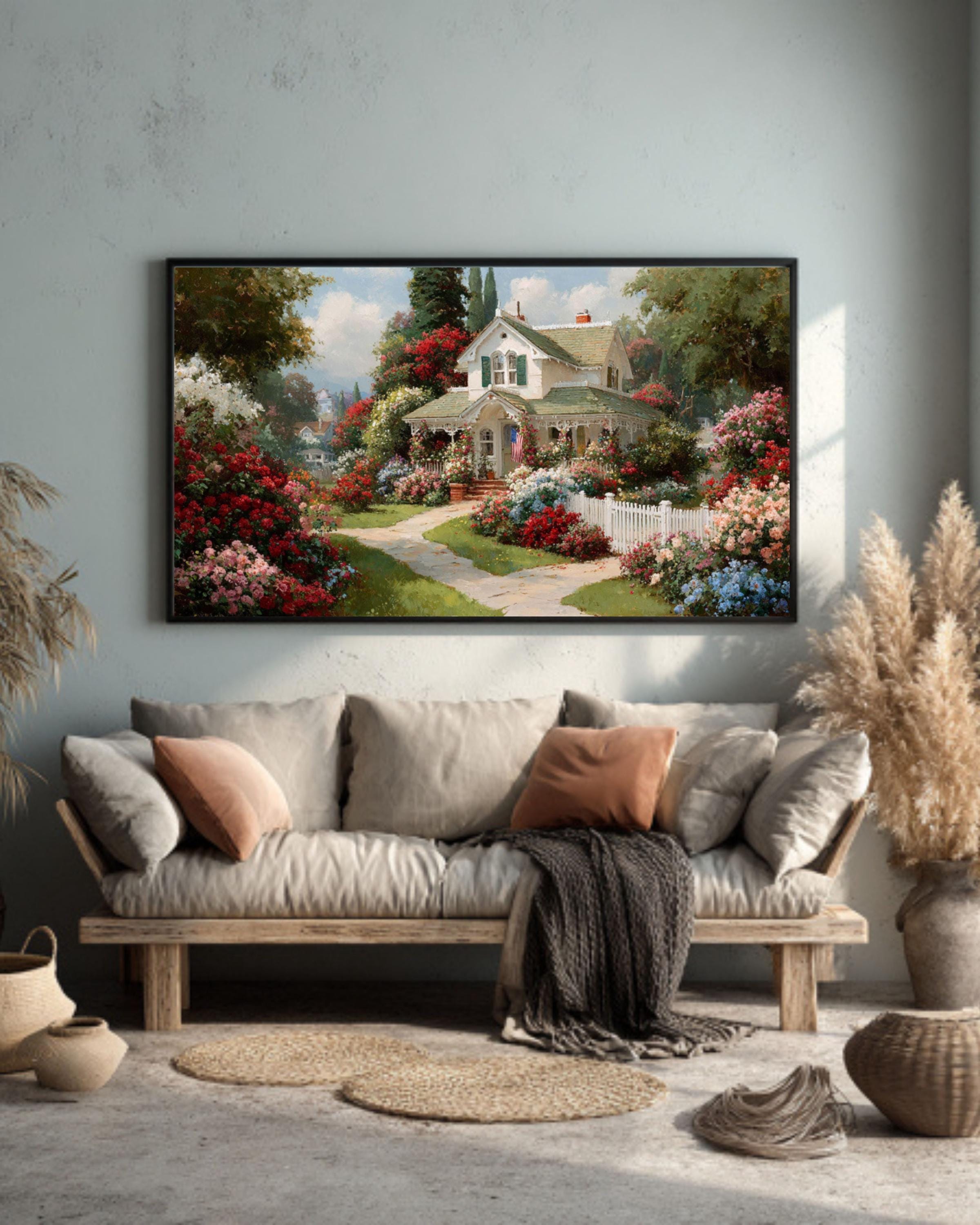 White Cottage Floral Landscape Canvas Art – Kinkade Style Wall Décor
