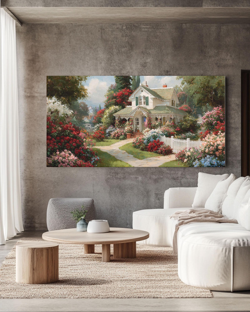 White Cottage Floral Landscape Canvas Art – Kinkade Style Wall Décor