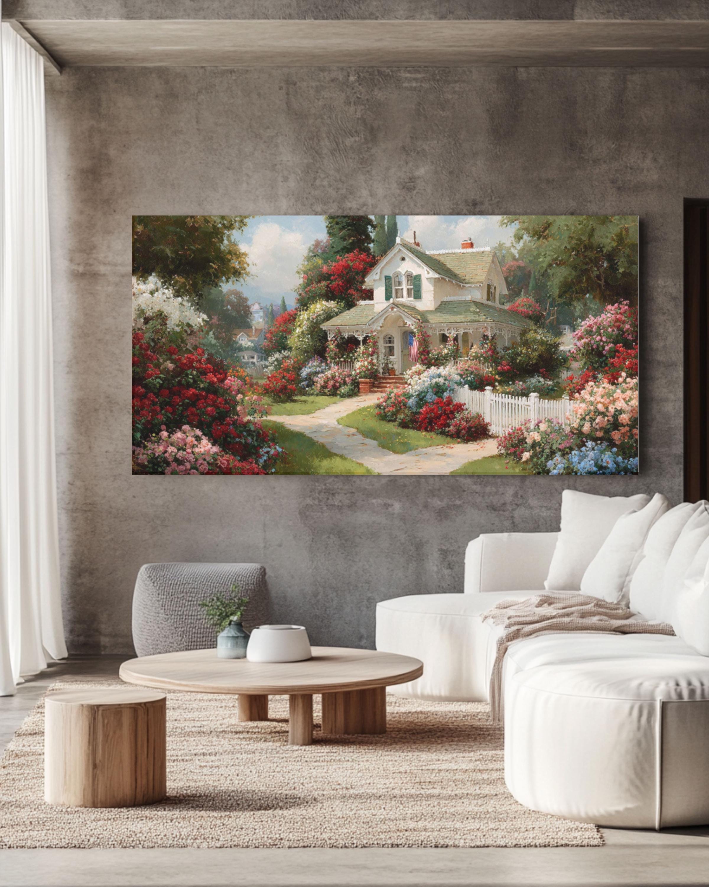 White Cottage Floral Landscape Canvas Art – Kinkade Style Wall Décor