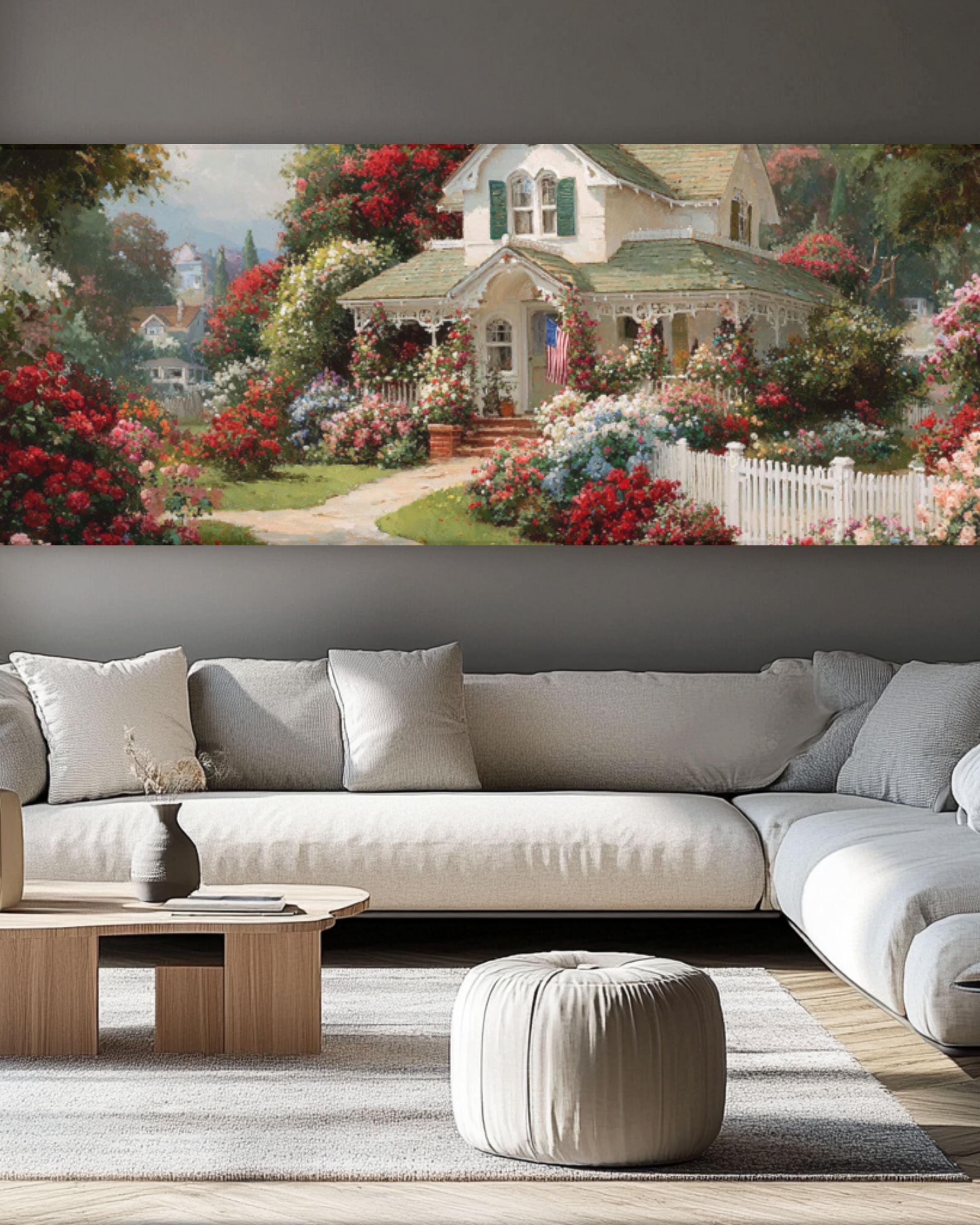 White Cottage Floral Landscape Canvas Art – Kinkade Style Wall Décor