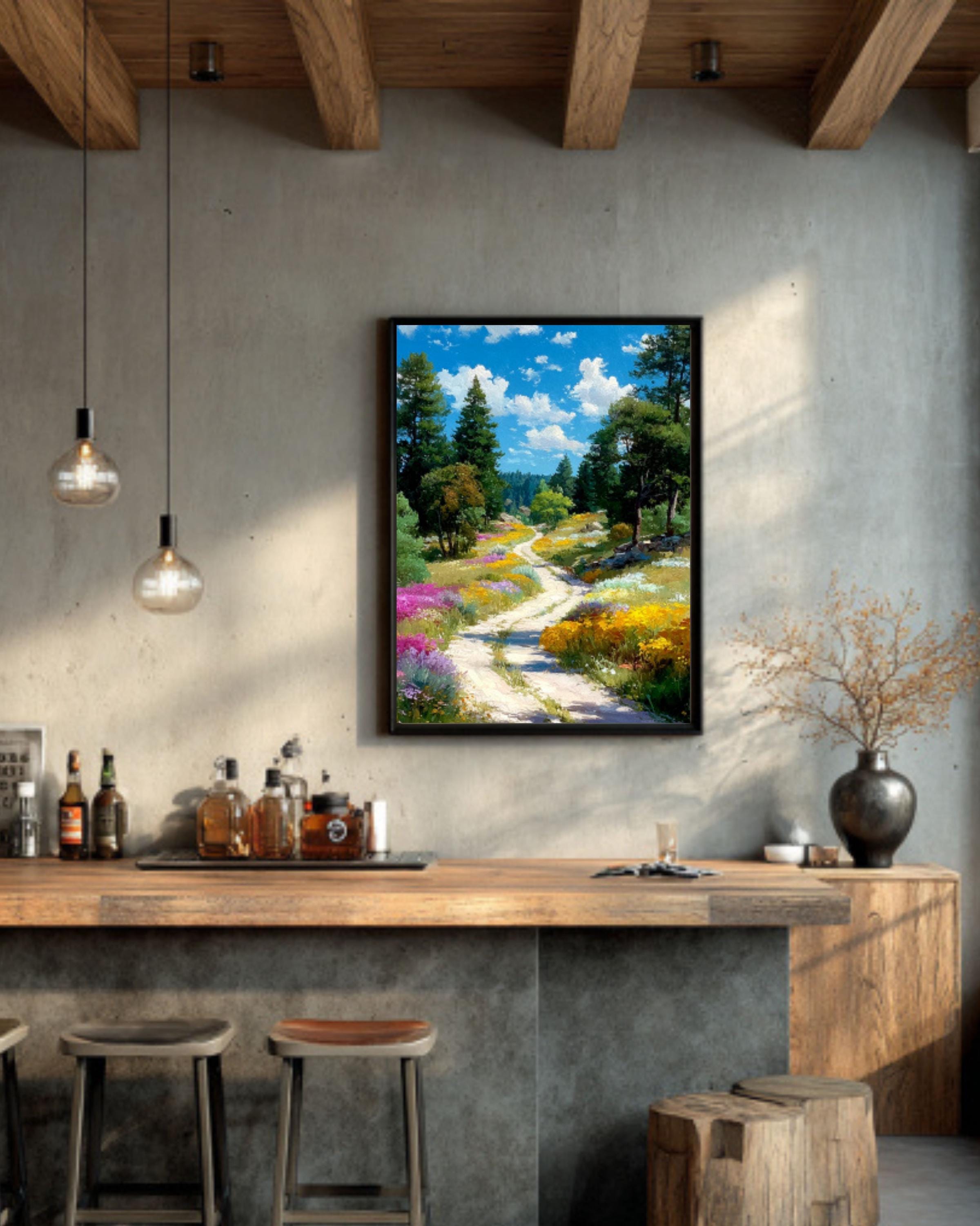 Watercolor Forest Path Wall Art – Wildflower Landscape Canvas or Framed Print