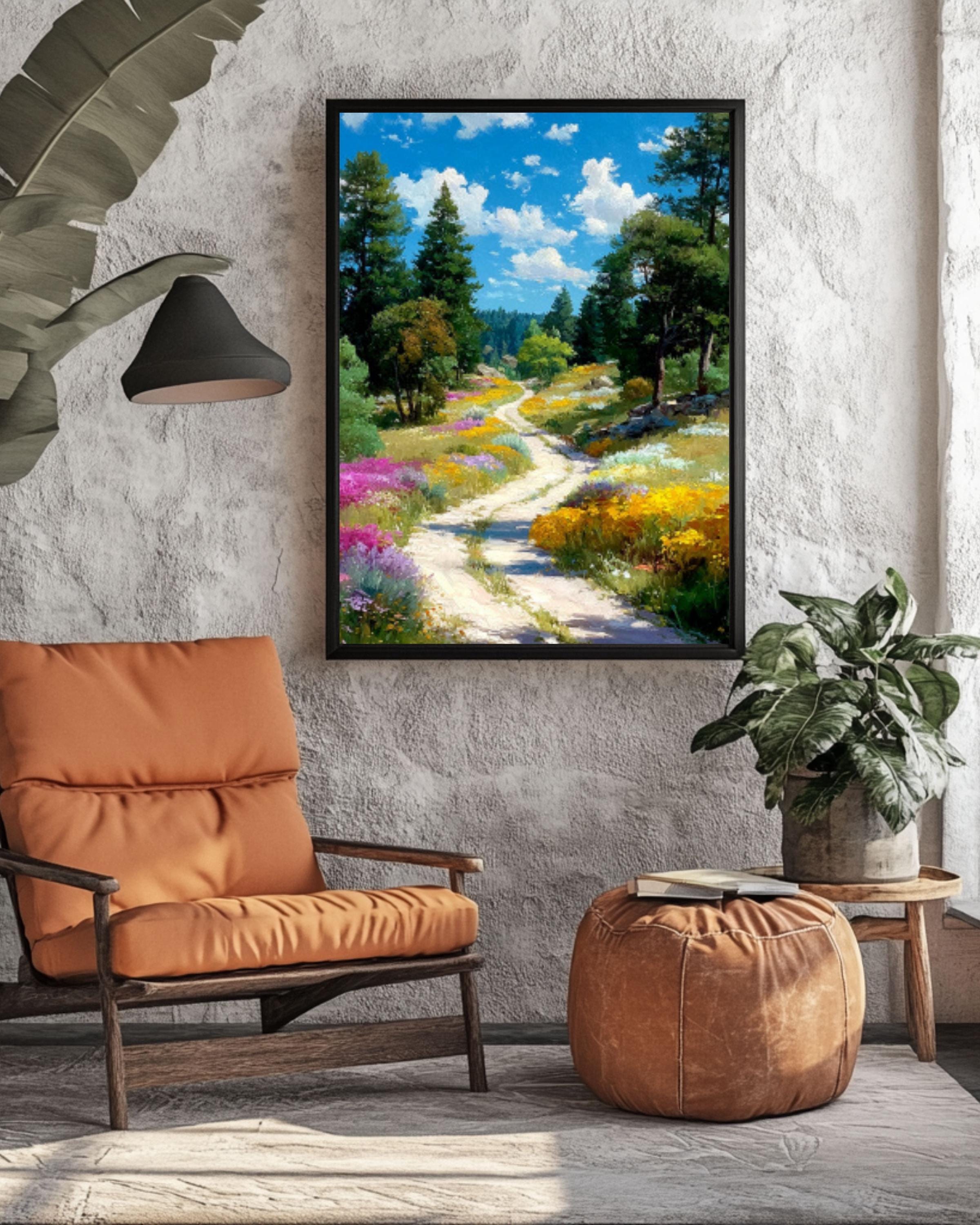 Watercolor Forest Path Wall Art – Wildflower Landscape Canvas or Framed Print