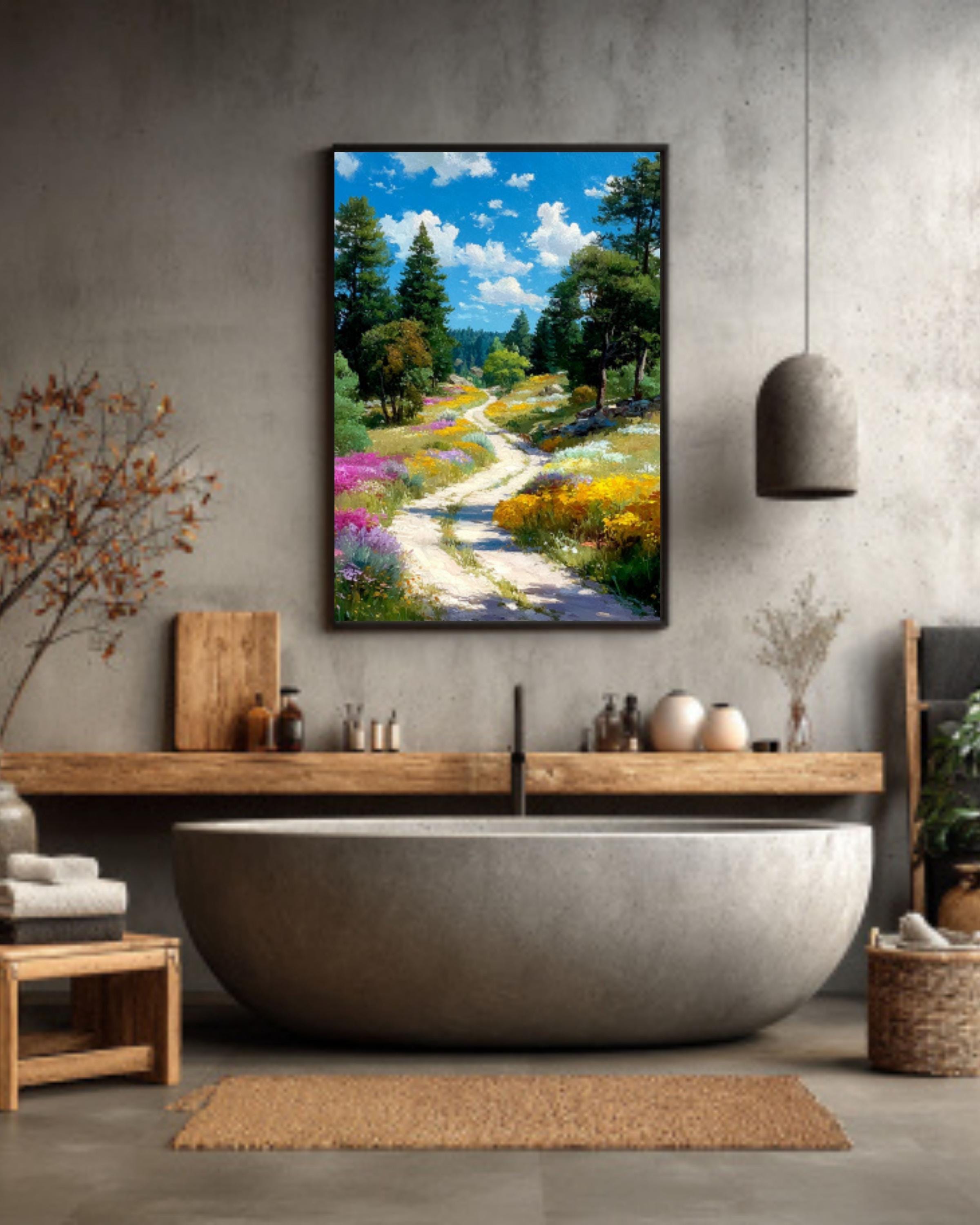 Watercolor Forest Path Wall Art – Wildflower Landscape Canvas or Framed Print