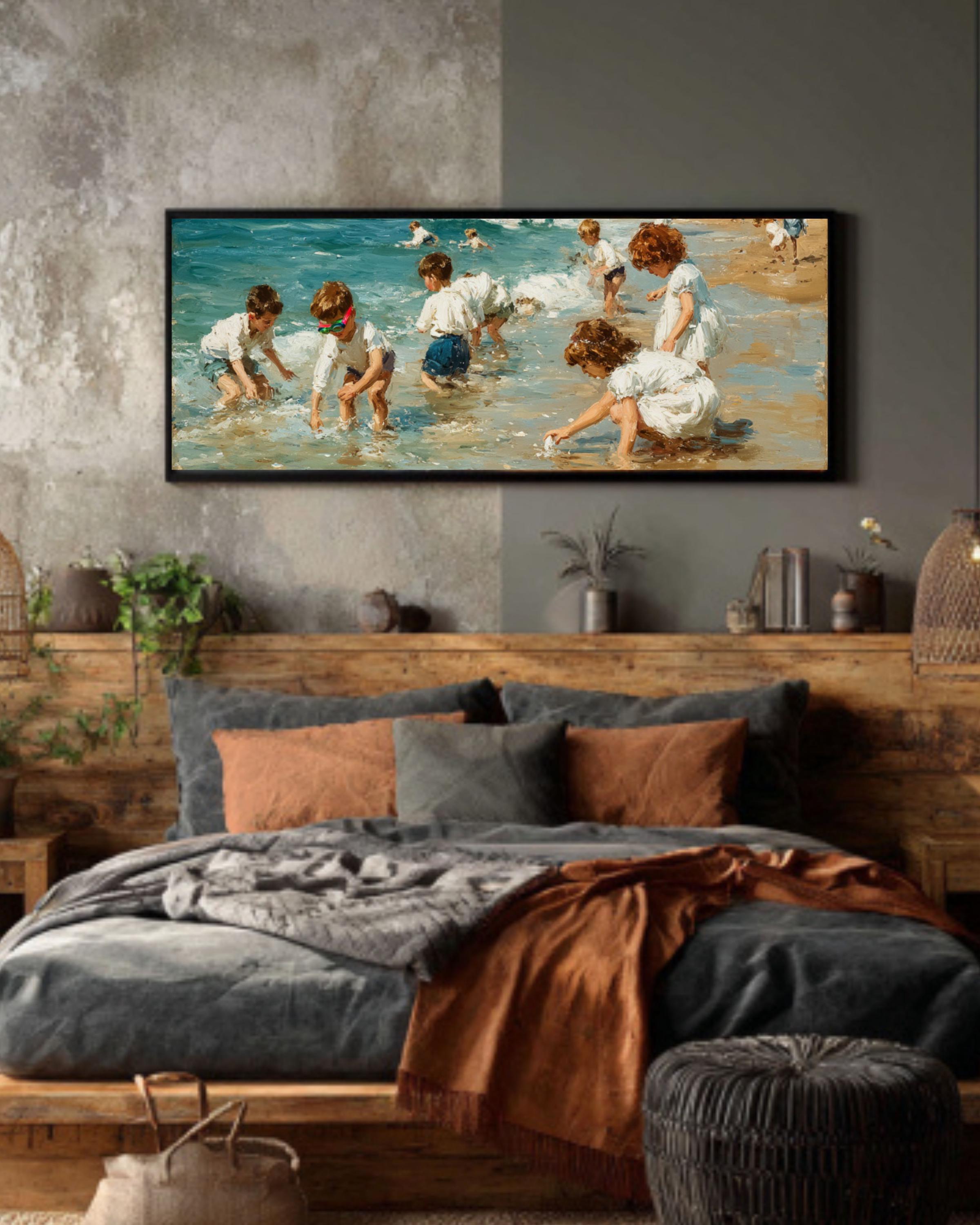 Pastel Beach Scene Wall Art – Children Playing Coastal Canvas Print