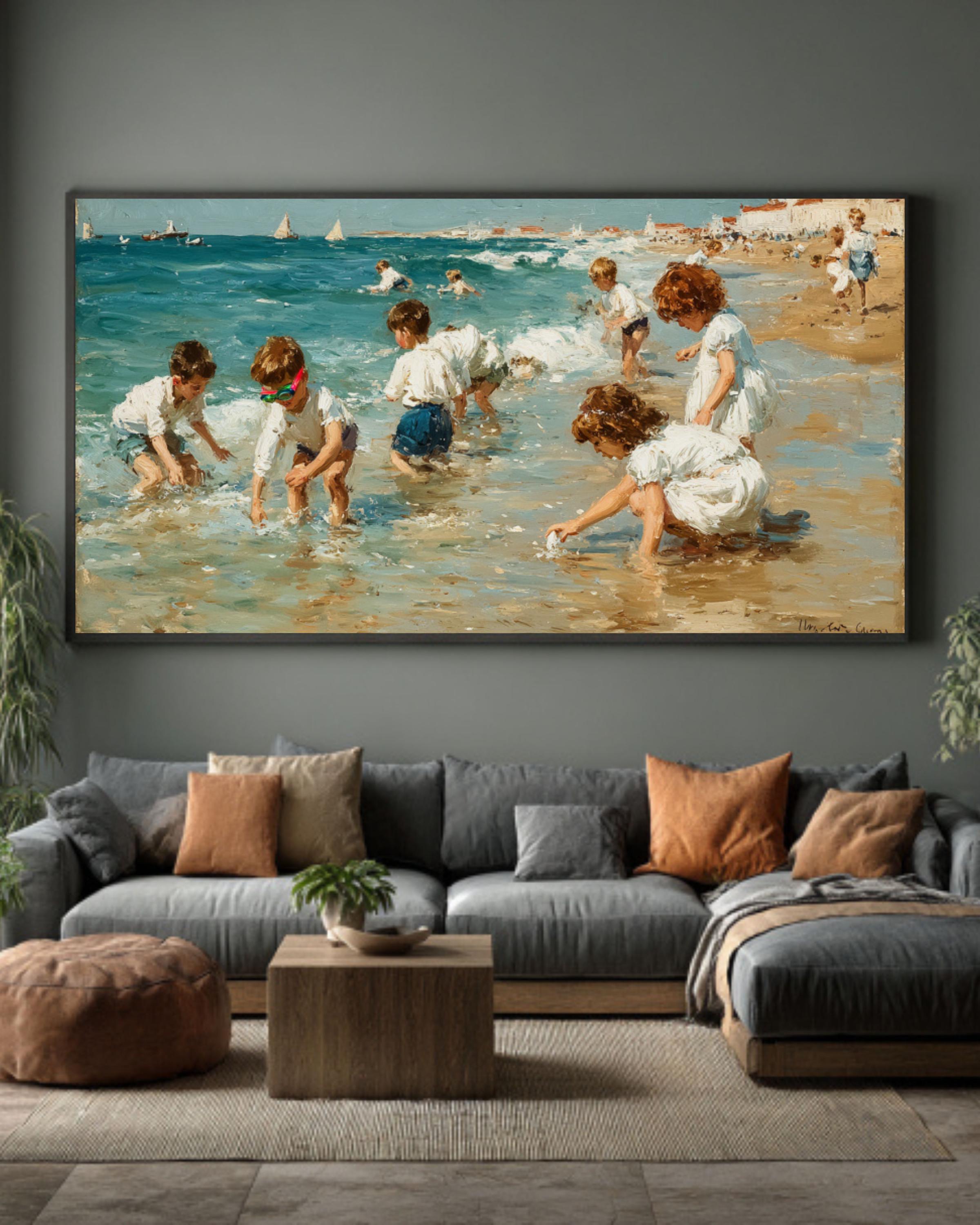 Pastel Beach Scene Wall Art – Children Playing Coastal Canvas Print