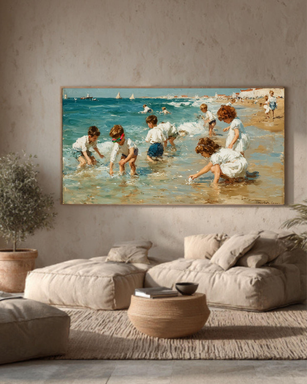 Pastel Beach Scene Wall Art – Children Playing Coastal Canvas Print