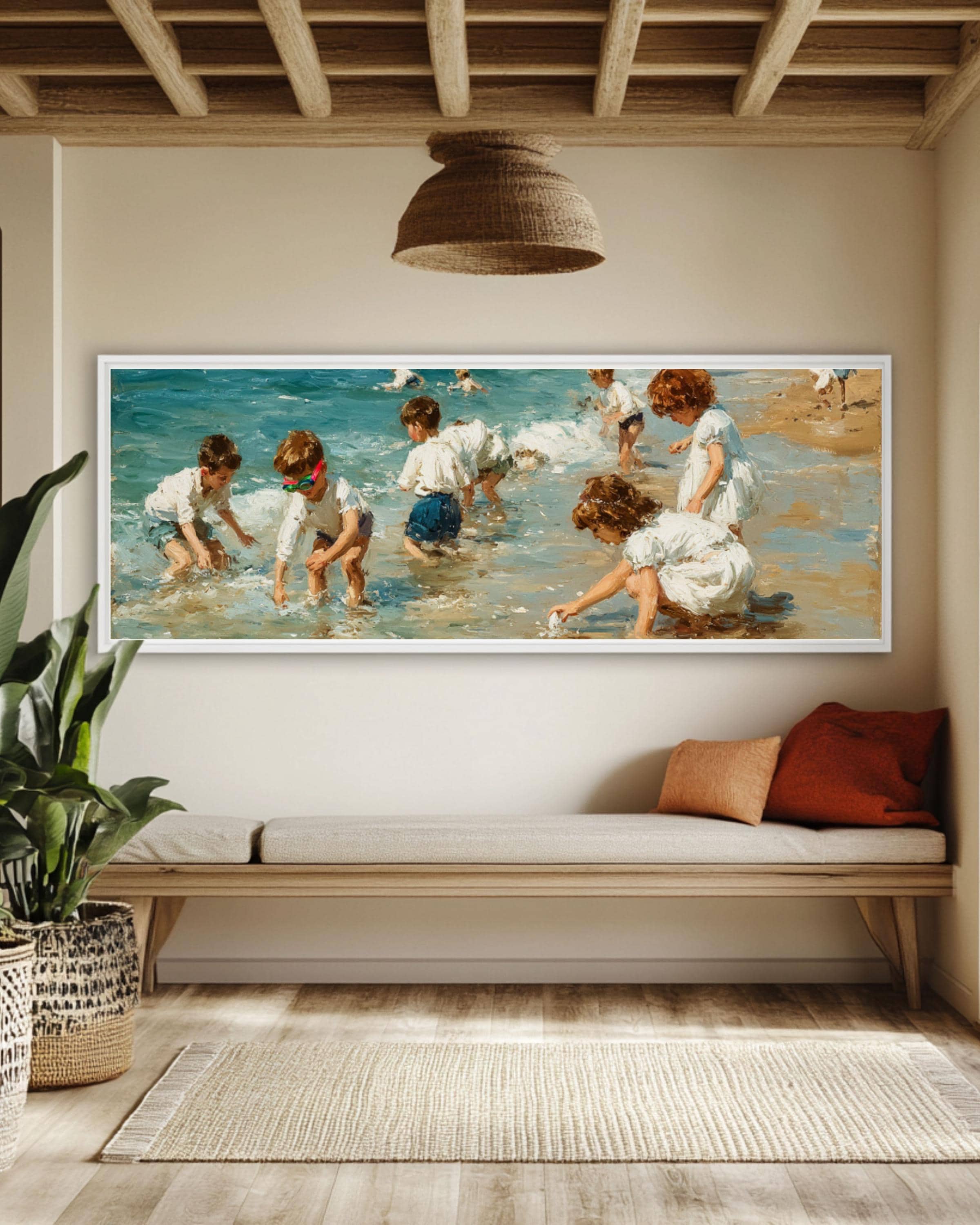 Pastel Beach Scene Wall Art – Children Playing Coastal Canvas Print