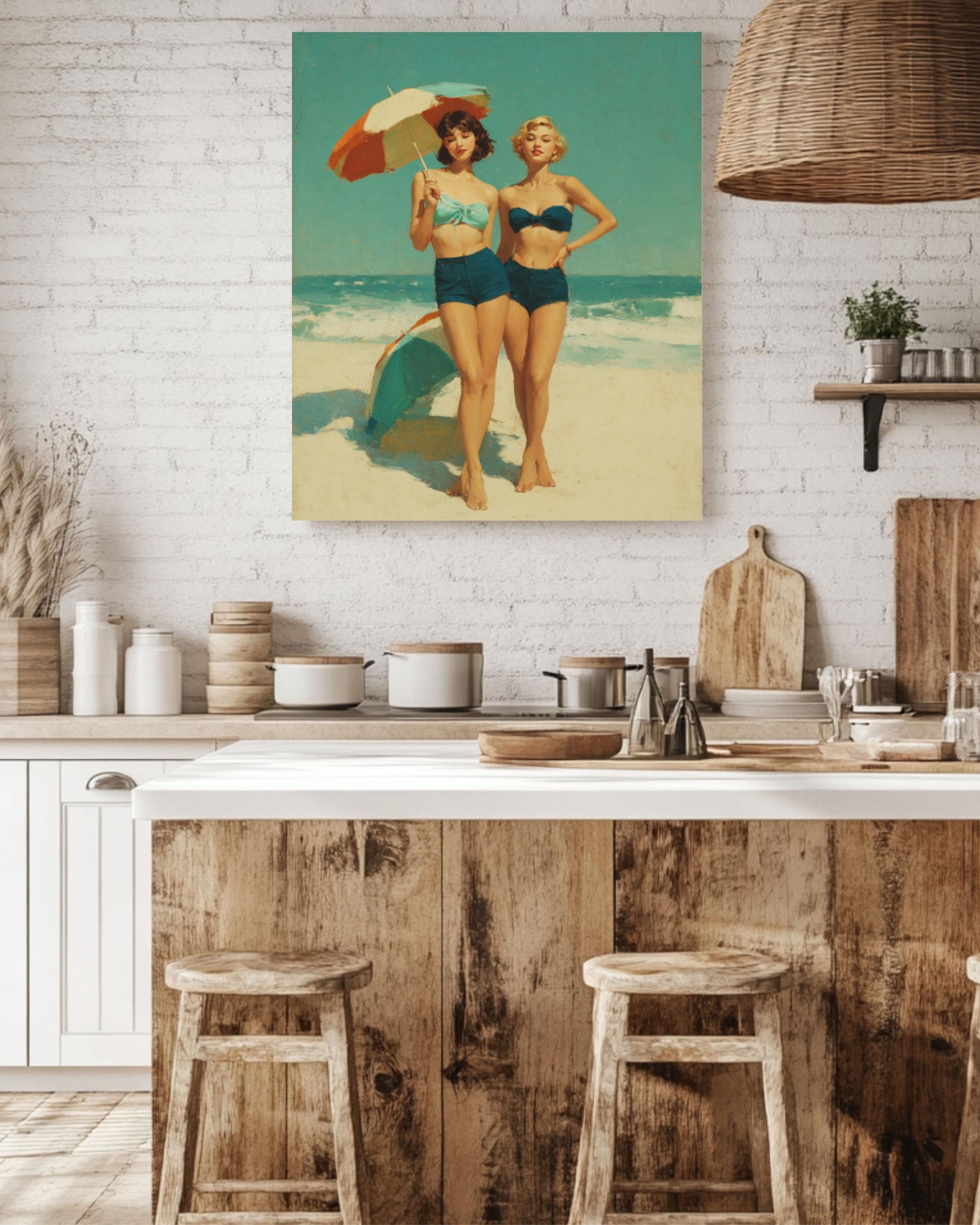 Vintage Beach Scene Wall Art – Retro Women with Umbrellas Coastal Canvas Print