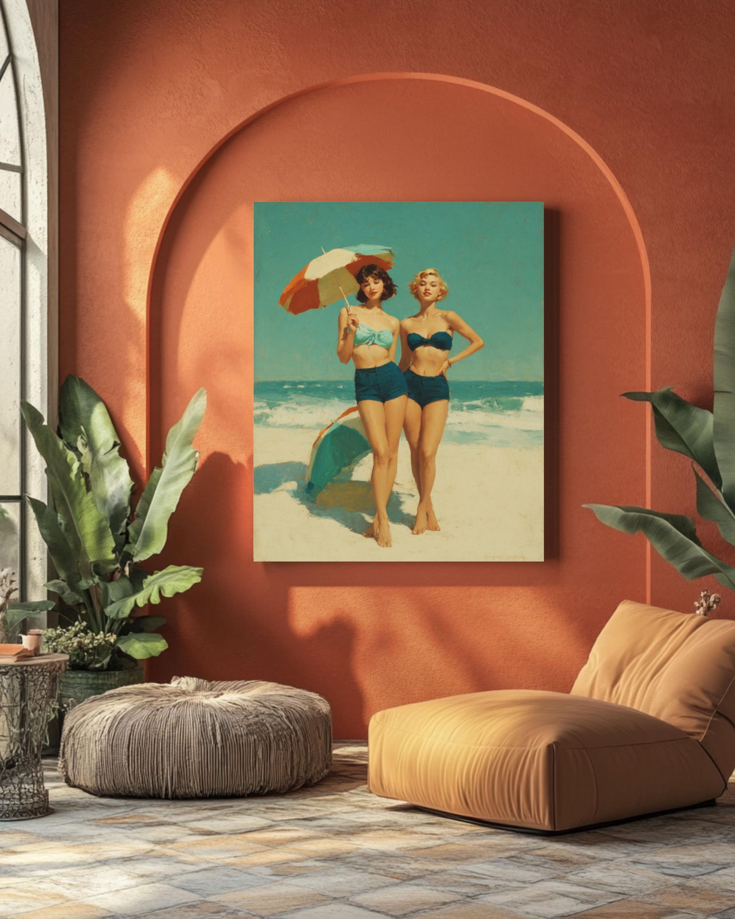 Vintage Beach Scene Wall Art – Retro Women with Umbrellas Coastal Canvas Print