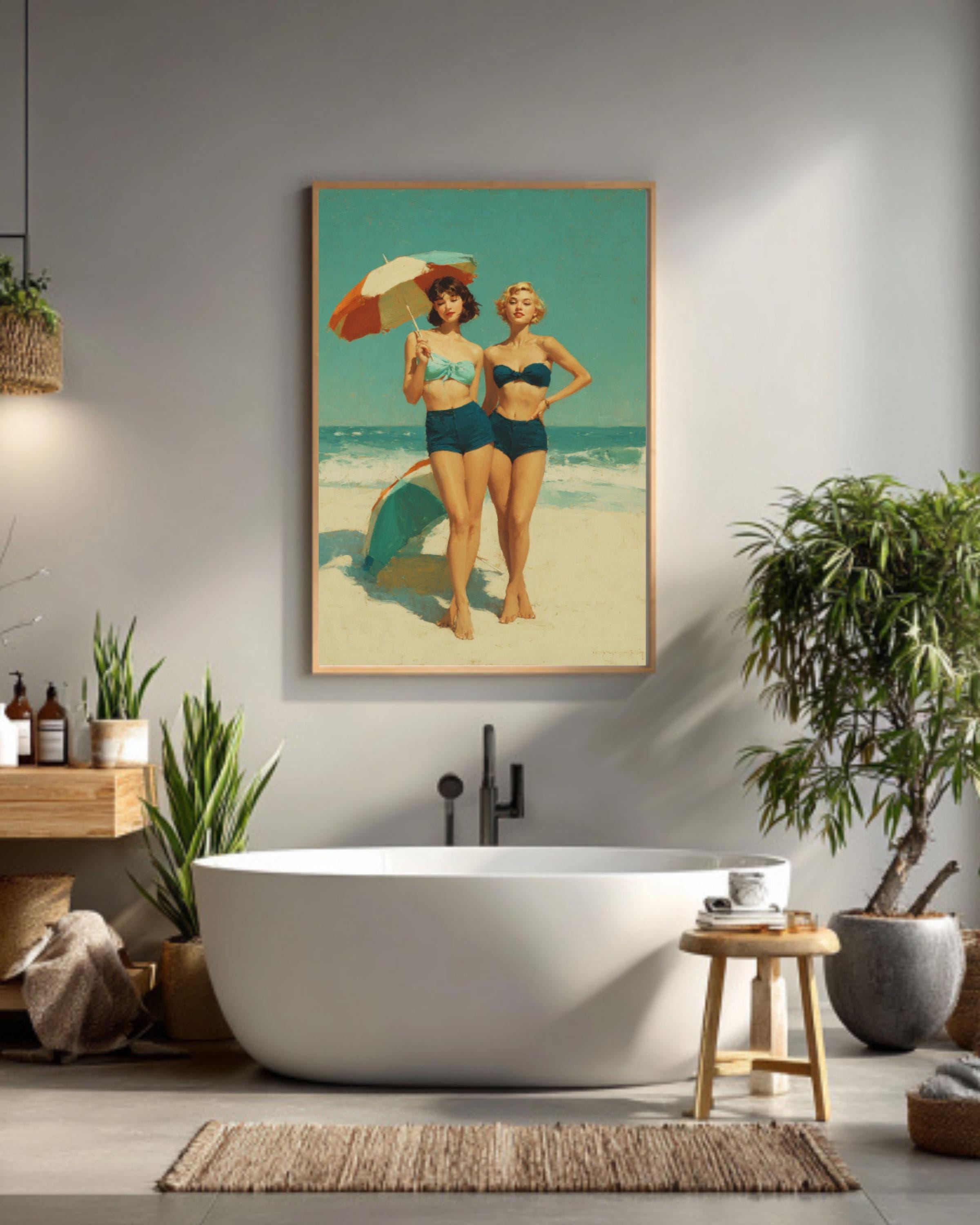 Vintage Beach Scene Wall Art – Retro Women with Umbrellas Coastal Canvas Print